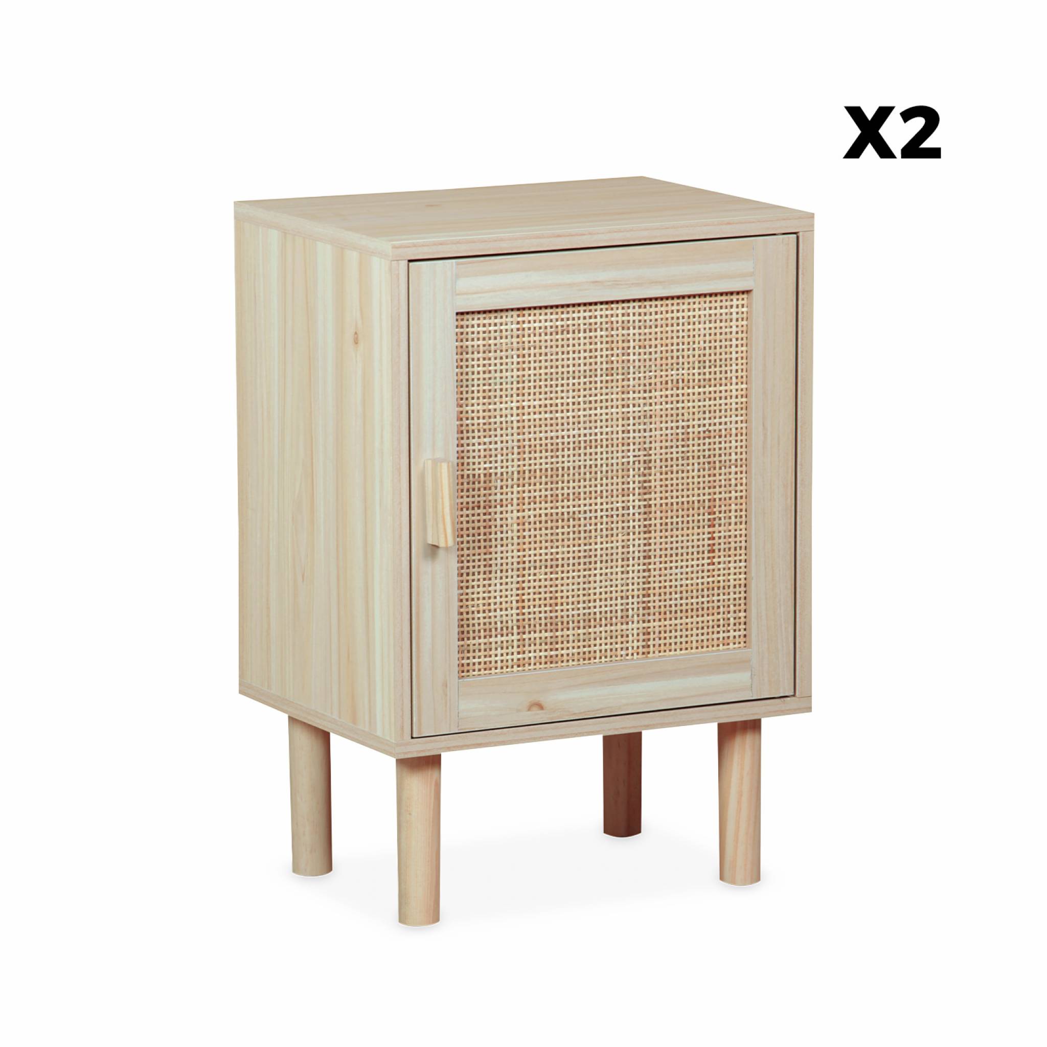 Lot de 2 tables de chevet en cannage et décor bois - Camargue - 40x30x58cm. 2 niveaux. 1 porte. pieds droits CAMARGUE - 9