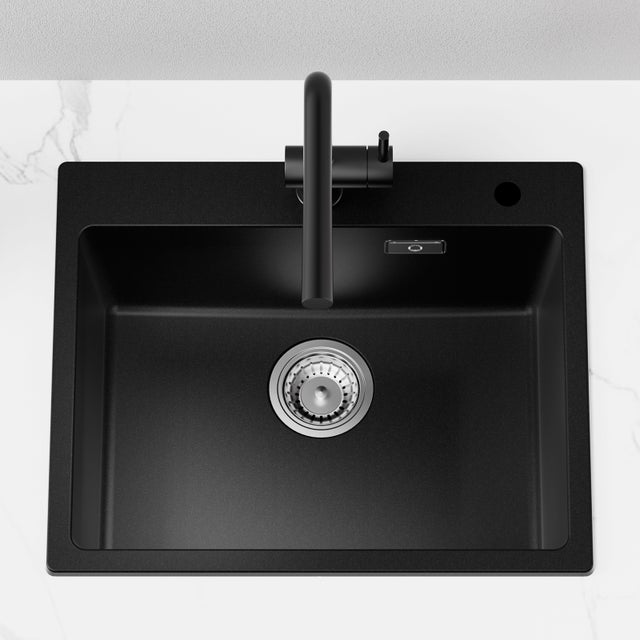 Évier Cuisine en Granit 55*45*20cm, Eveir 1 Bac Kit de Vidage, Evier a encastrer Noir evier a poser