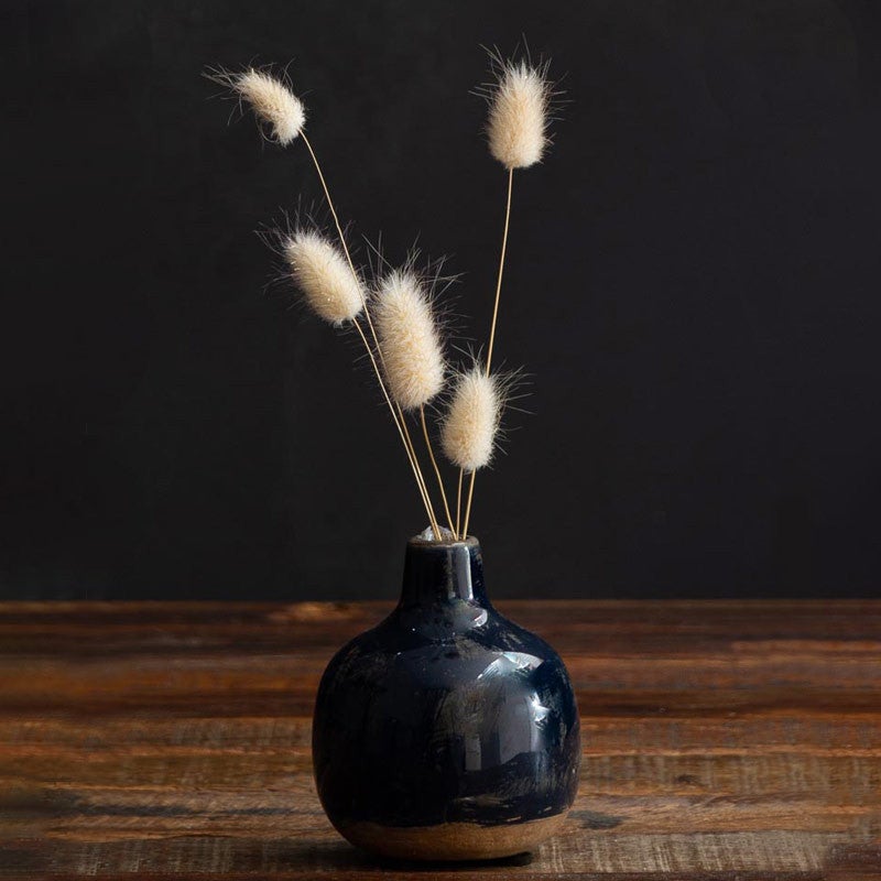 Vase En Céramique émaillée Bleu Foncé - Hauteur 15 Cm, Forme Goutte, Style Moderne