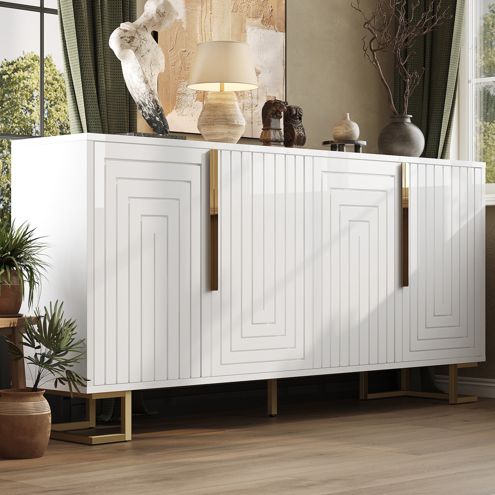 Biała komoda-152 x 40 x 75 cm-geometryczny design-złote uchwyty-złote nogi-elegancka komoda