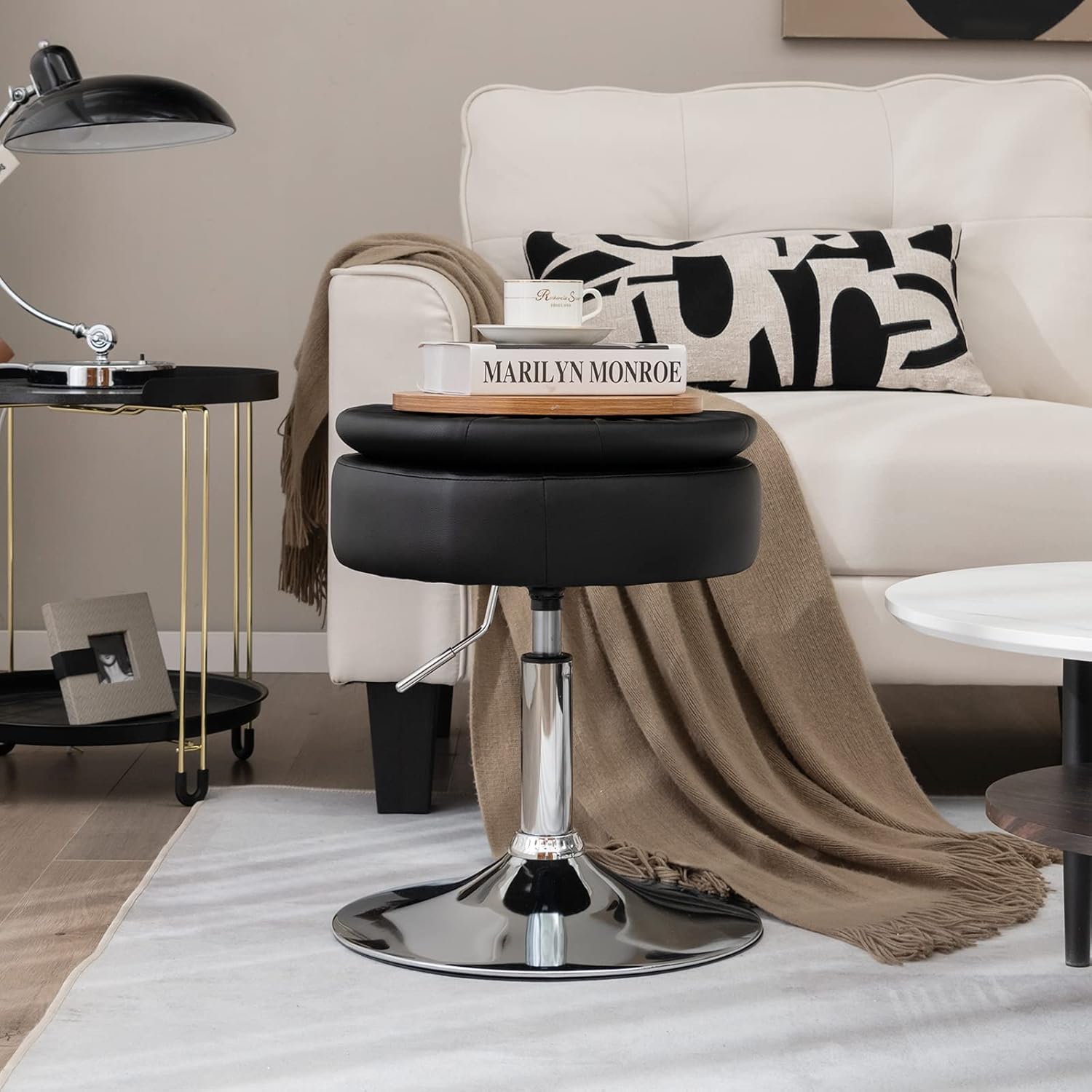 Taboret do Makijażu Obracany o 360°, Toaletki z Miejscem do Przechowywania, Wysokość Siedziska 51-66 cm, Tapicerowany, Nowoczesny (Czarny) - 2