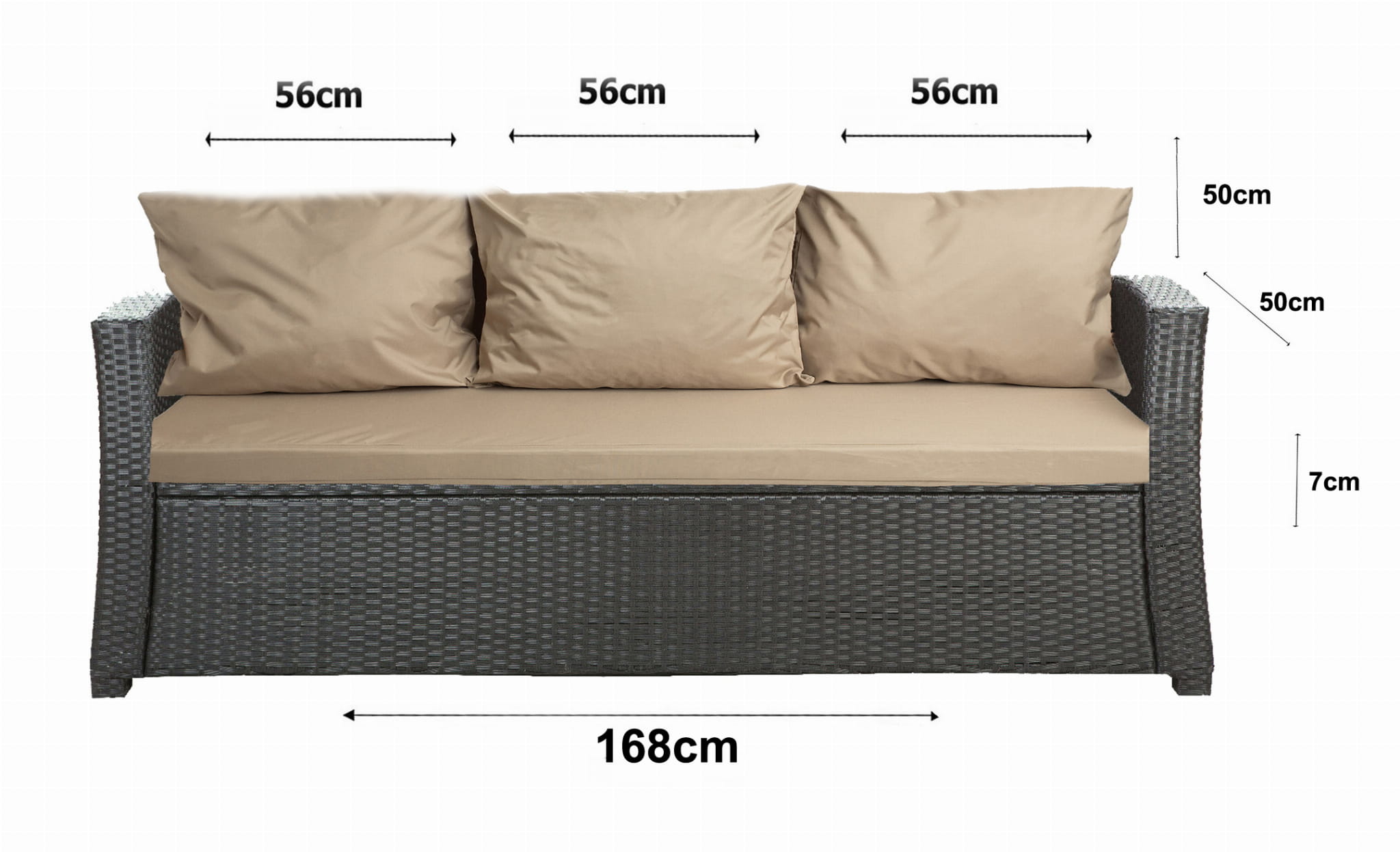 Cuscini per divano da giardino in polyrattan 168x50x7+3*56x50cm