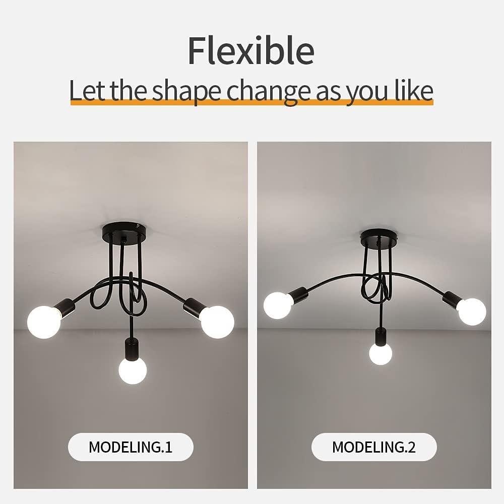 GLAMARIS Plafonnier Métallique Noir 3 Têtes,E27 Sans Ampoules,Design Vintage,40x40x30cm,Éclairage Décoratif pour Salon et Chambre - 4