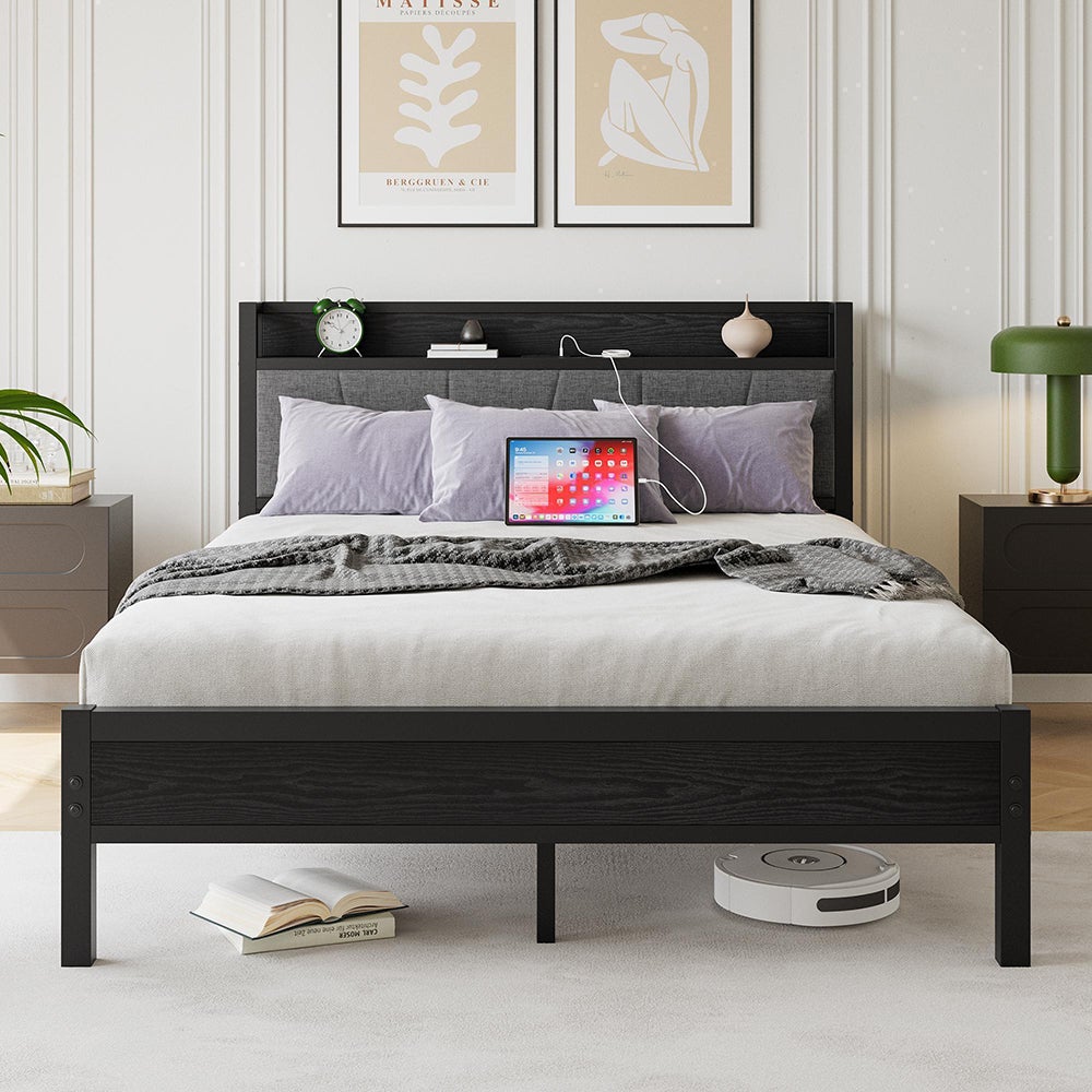 Łóżko dla dorosłych z inteligentnym oświetleniem LED i portami USB, metalowa konstrukcja, czarne - 140 x 200 cm