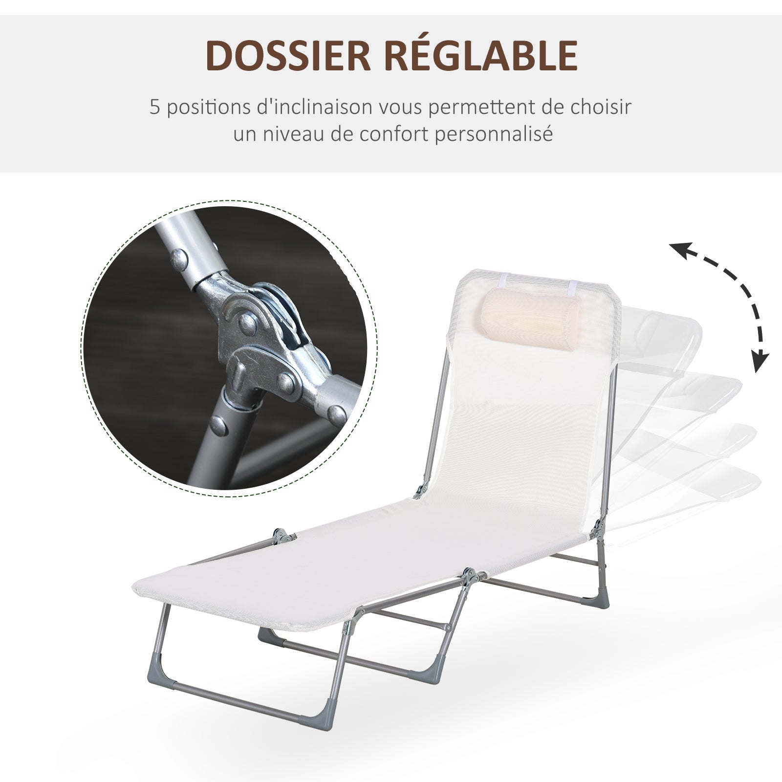 Bain de soleil transat pliable inclinable acier teslin - 6