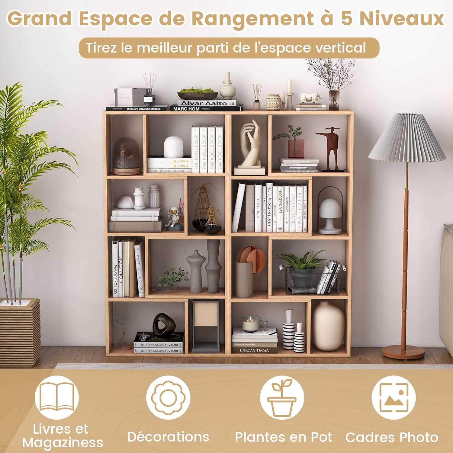 Libreria geometrica in legno, mensola aperta con 8 cubi, scaffale portaoggetti, per camera da letto, 60x20x120 cm (naturale) - 4