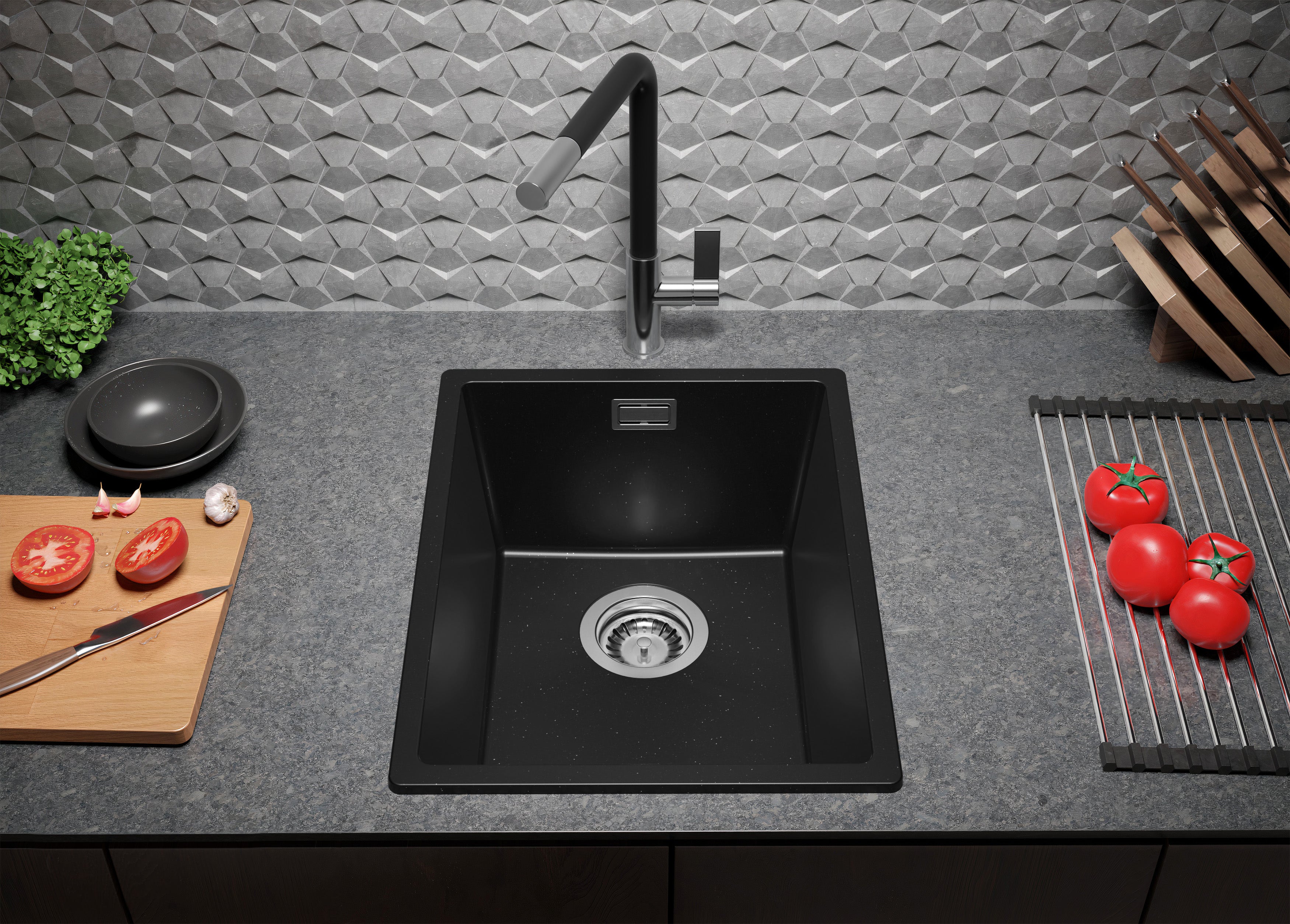 Evier Cuisine en Granit Noir Métallisé 36x47cm, Lavabo 1 bac + Kit de Vidage, Évier à Encastrer au meuble 40cm - London Slim PRIMAGRAN - 4
