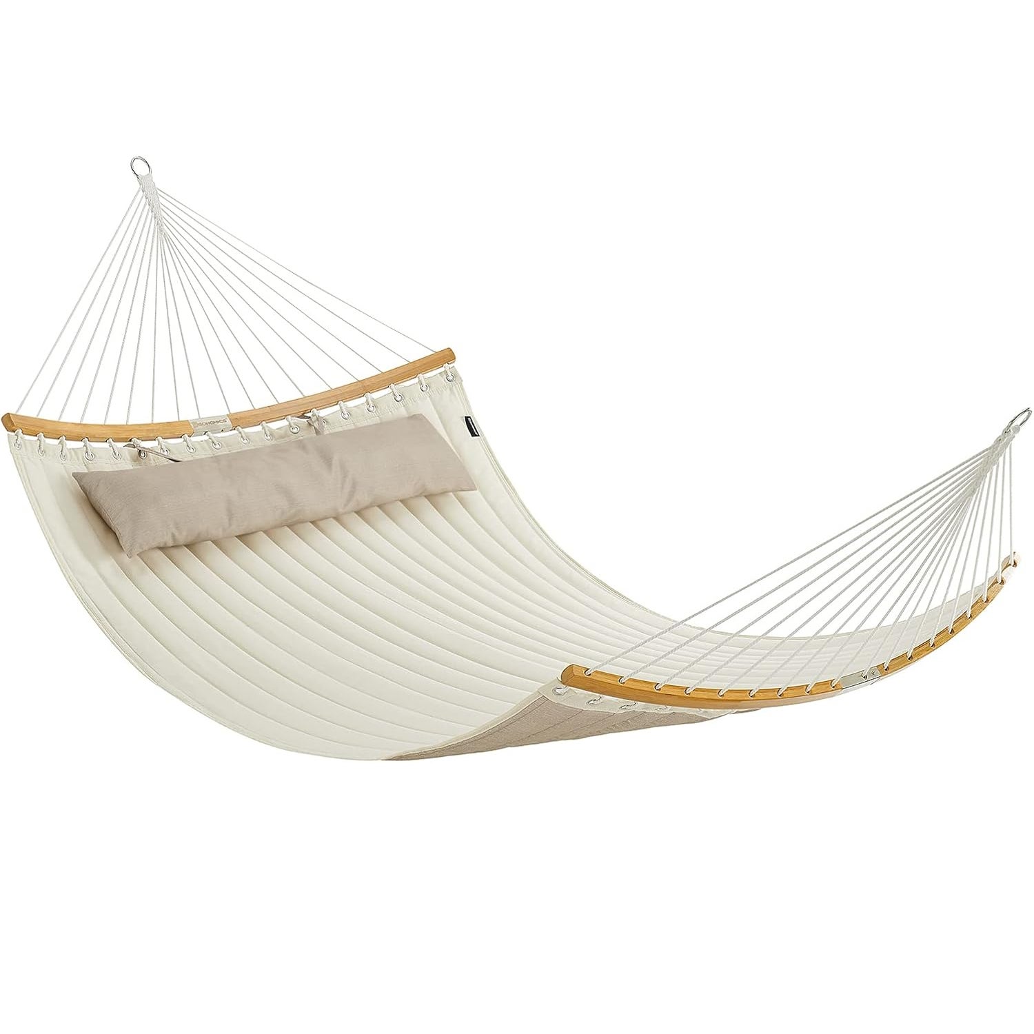 Hamac dublu cu bare curbate din bambus, perna inclusa, maxim 225 kg, 200x140 cm, crem