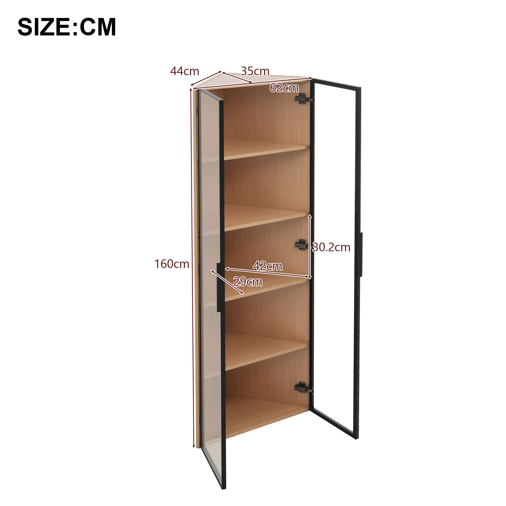 Vitrine d'angle avec 2 portes anti-poussière en verre - 60 x 35 x 160 cm - MDF - 5 étagères - LEDs - Chêne - 5