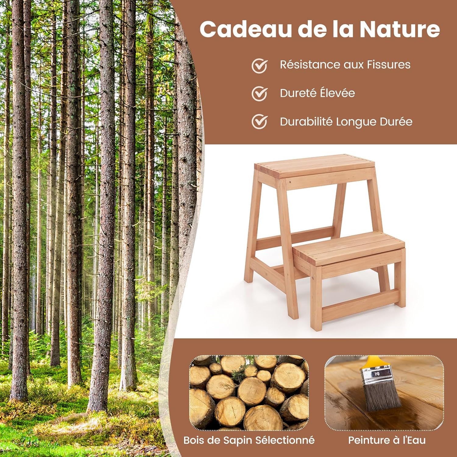 Sgabello Scala in Legno di Abete a 2 Gradini a Ribalta, Scaletta Pieghevole Salvaspazio per Bagno e Libreria, Scaletta Portavasi Multiuso Mens - 4