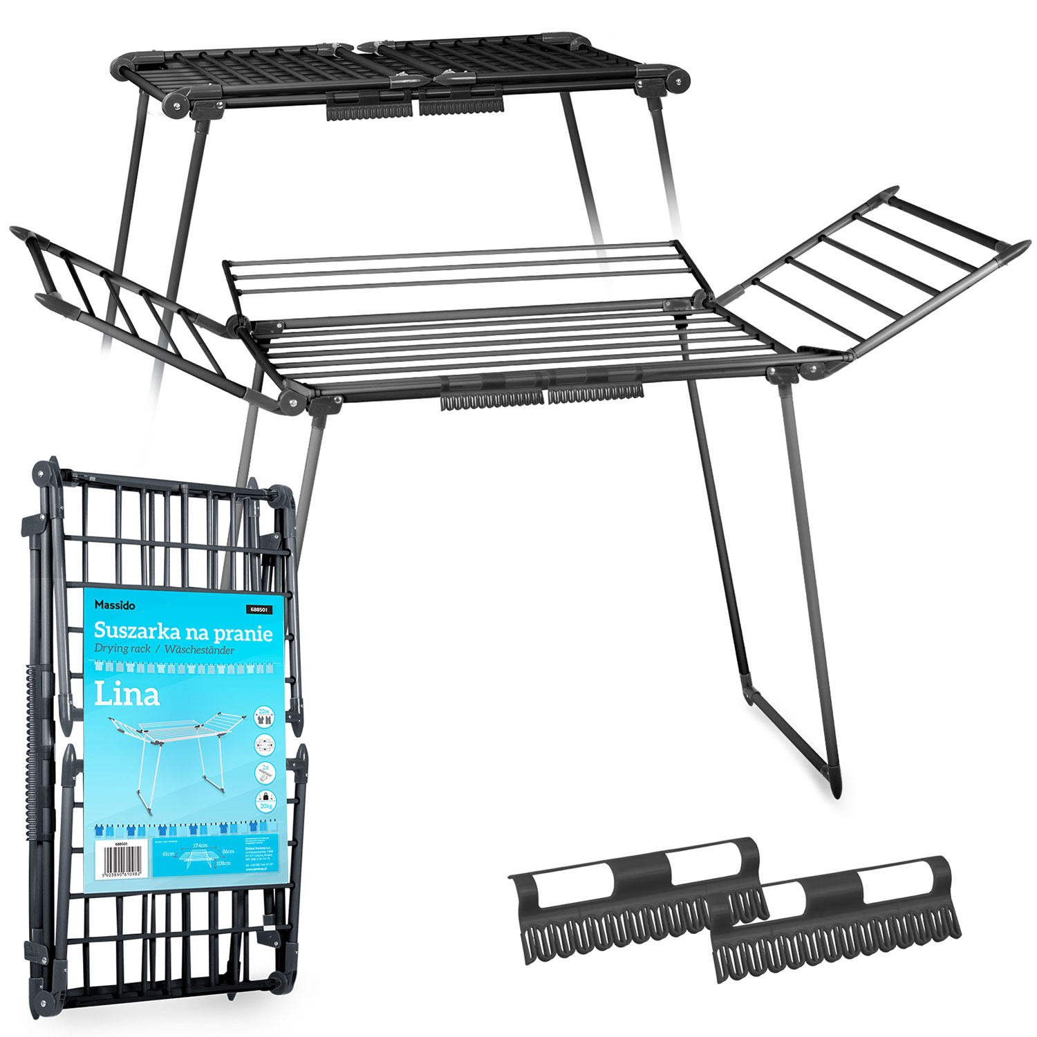 Suszarka na pranie stalowa do ubrań bielizny stojąca składana czarna 22m Massido