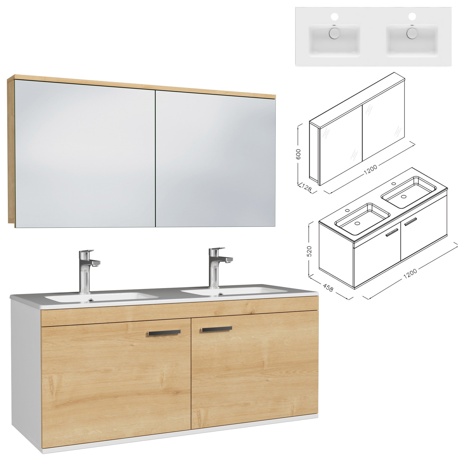 RUBITE meuble double vasque encastrée L. 120 cm + miroir armoire 2 portes chêne clair salle de bain - 3