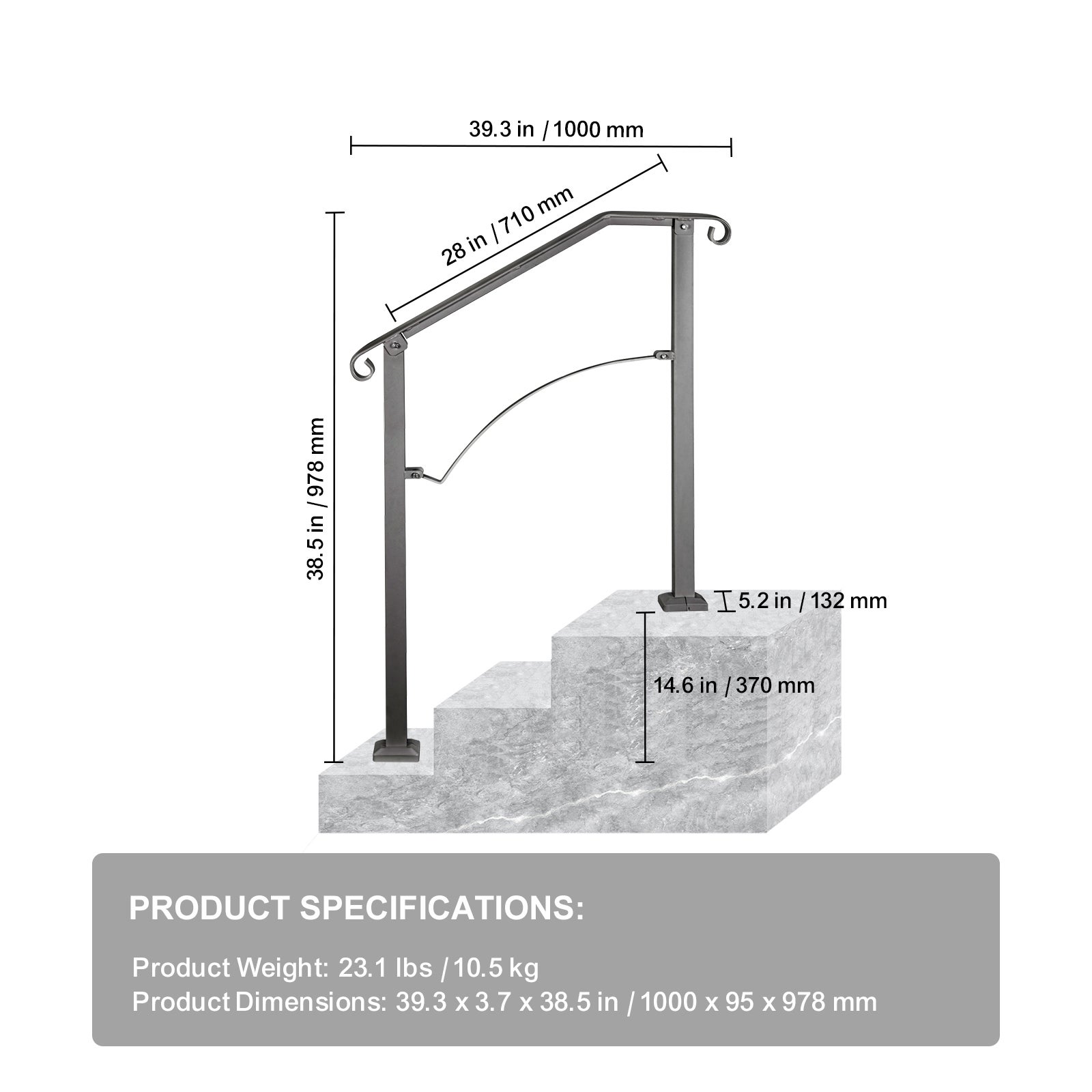 Rampes extérieures pour marches,SucceBuy adaptées aux escaliers à 2 ou 3 marches,Rampe en fer forgé Arch#2,Rampe de porche réglable - 9