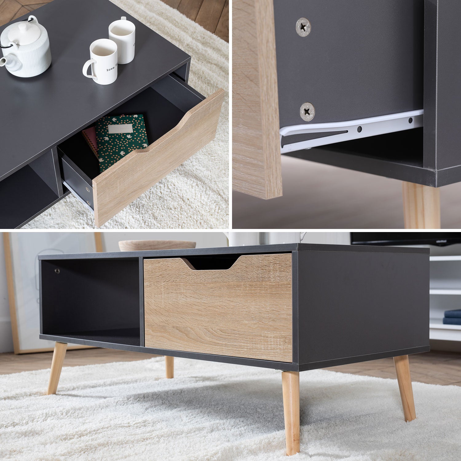 Table basse avec tiroir style scandinave grise FREJA - 4