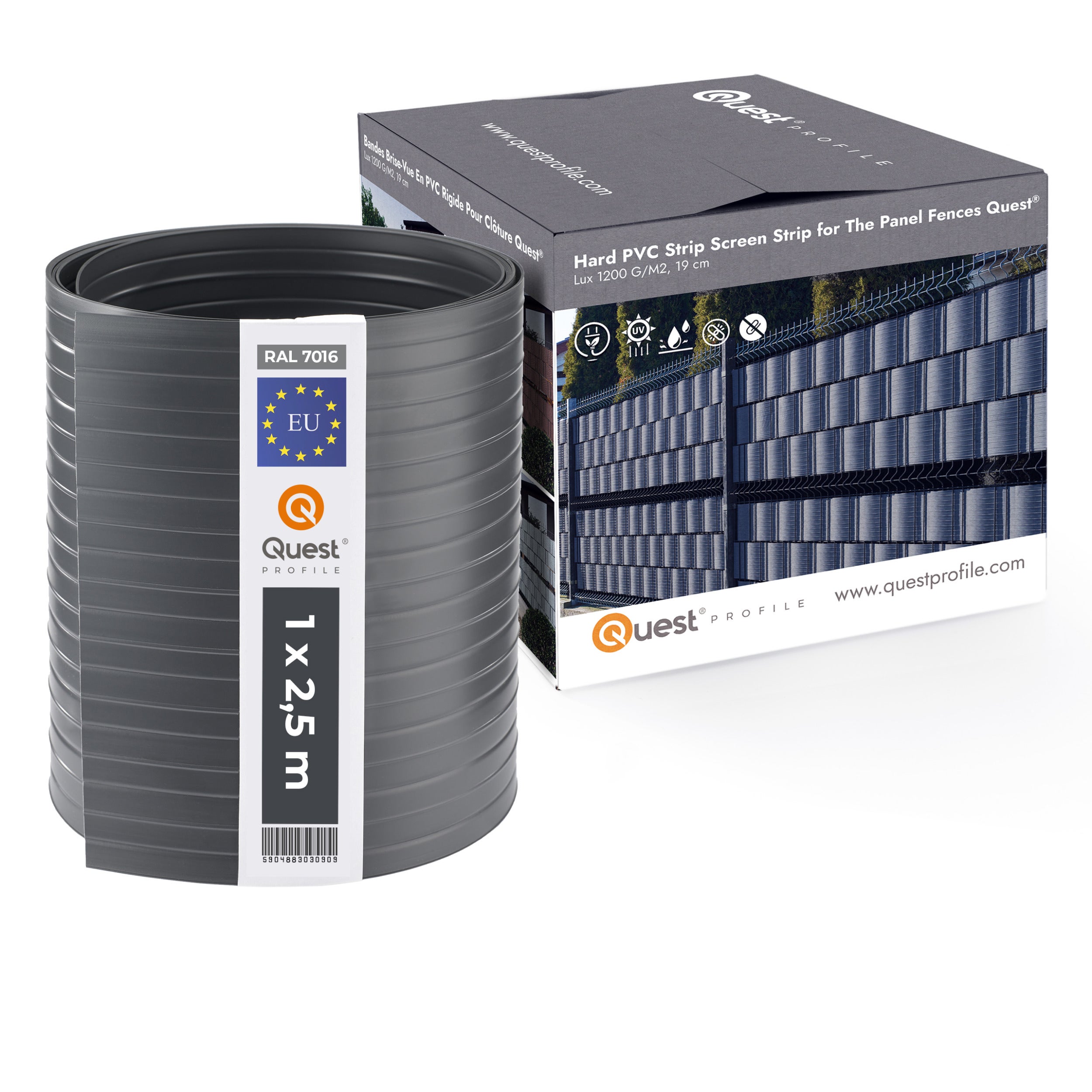 QUEST Taśma ogrodzeniowa PCV 19cm, listwa do ogrodzeń panelowych premium, 900 g/m2, RAL7016, antracyt, 2,525 m