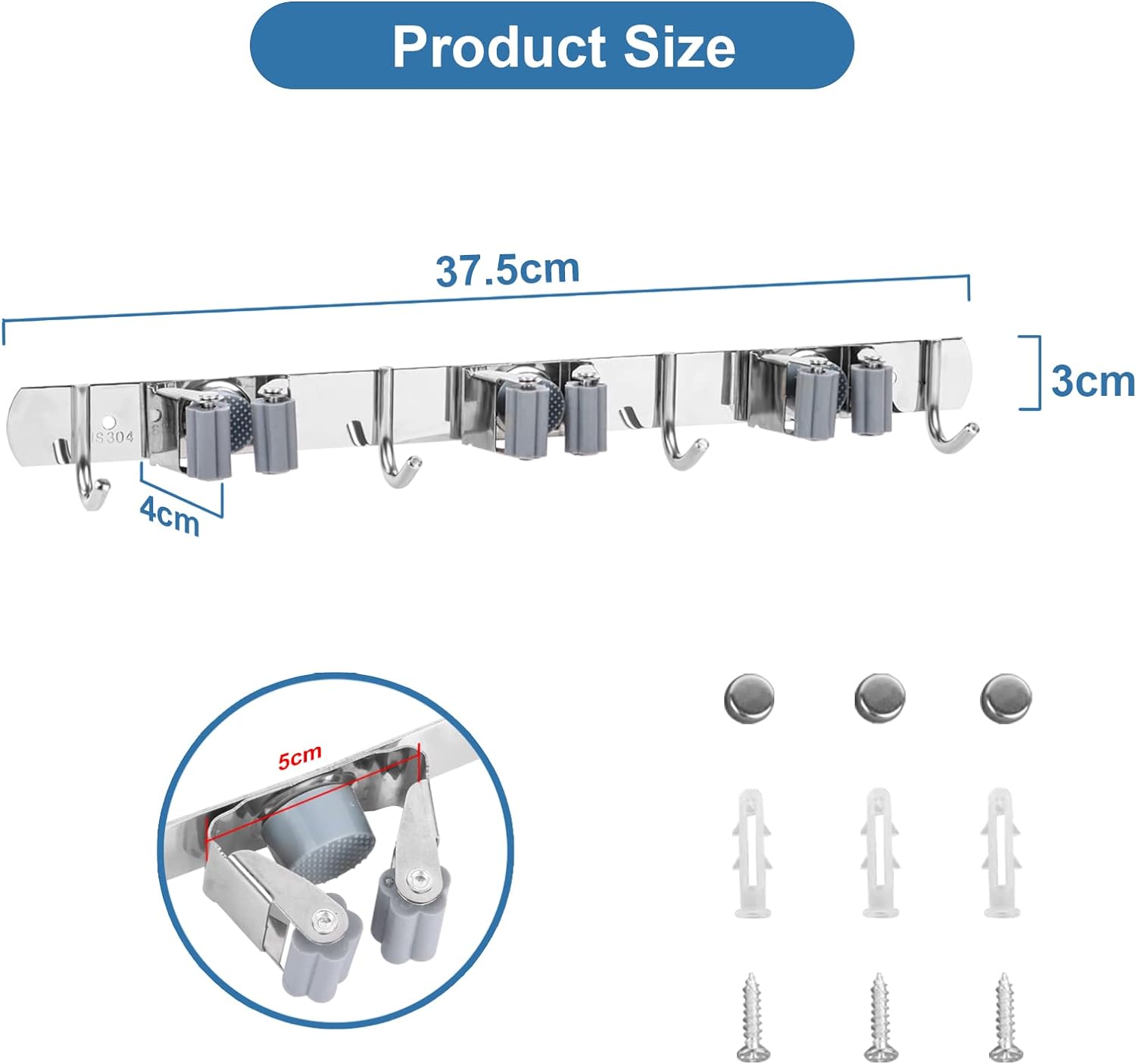 Porte Balai Mural HEJO - Acier Inoxydable 304, 6 Supports + 3 Crochets, Pour Cuisine/Salle De Bain