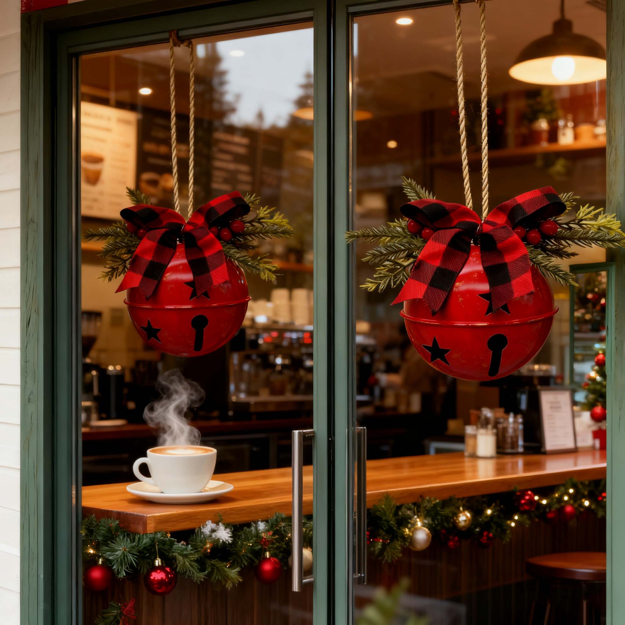 Cloche de Noël rouge et dorée – Décoration vibrante en fonte avec nœud écossais pour porte, fenêtre ou arbre de Noël – Élégance festive - 7