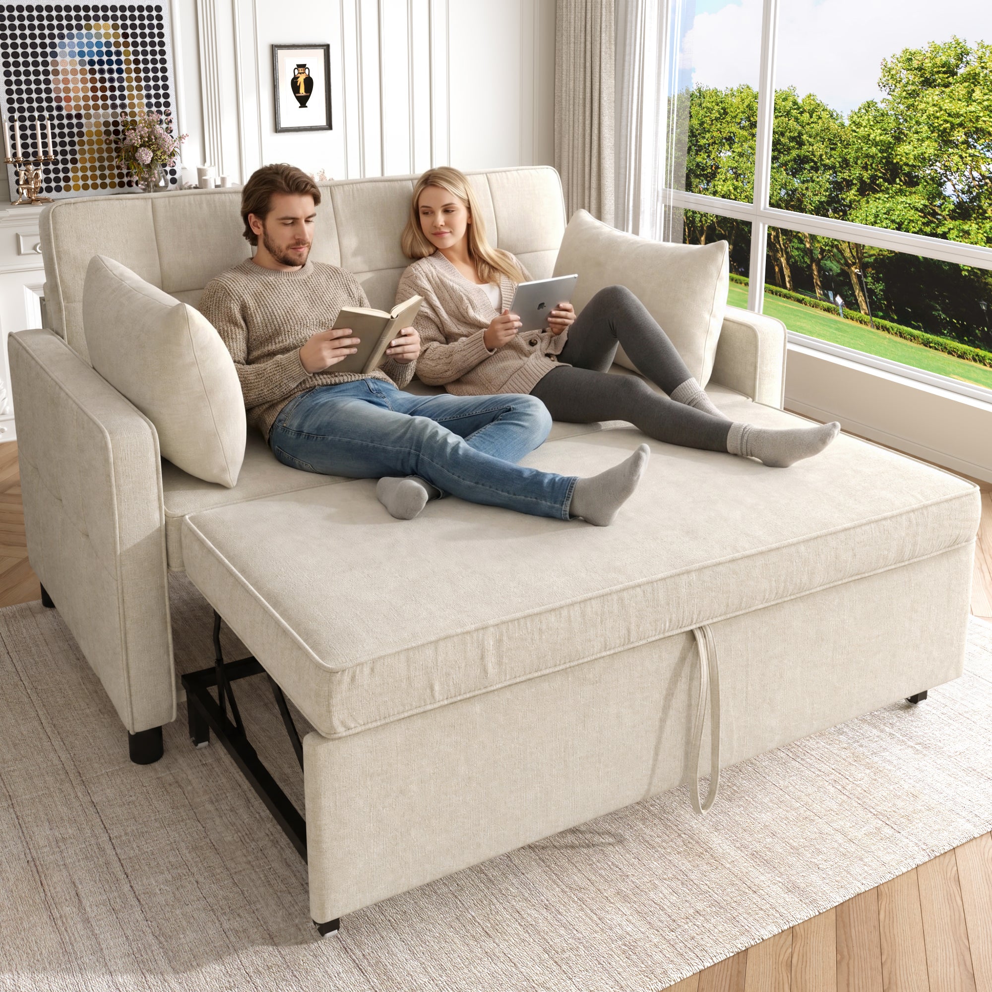 Sofa 142x79x85 cm - Regulowane oparcie - Chenille - Z 2 poduszkami - Beżowa