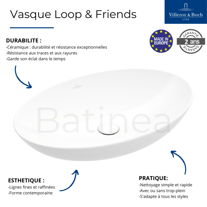Vasque 56 x 38 ovale à poser VILLEROY ET BOCH Loop & Friends non meulé stone white avec trop plein - 3