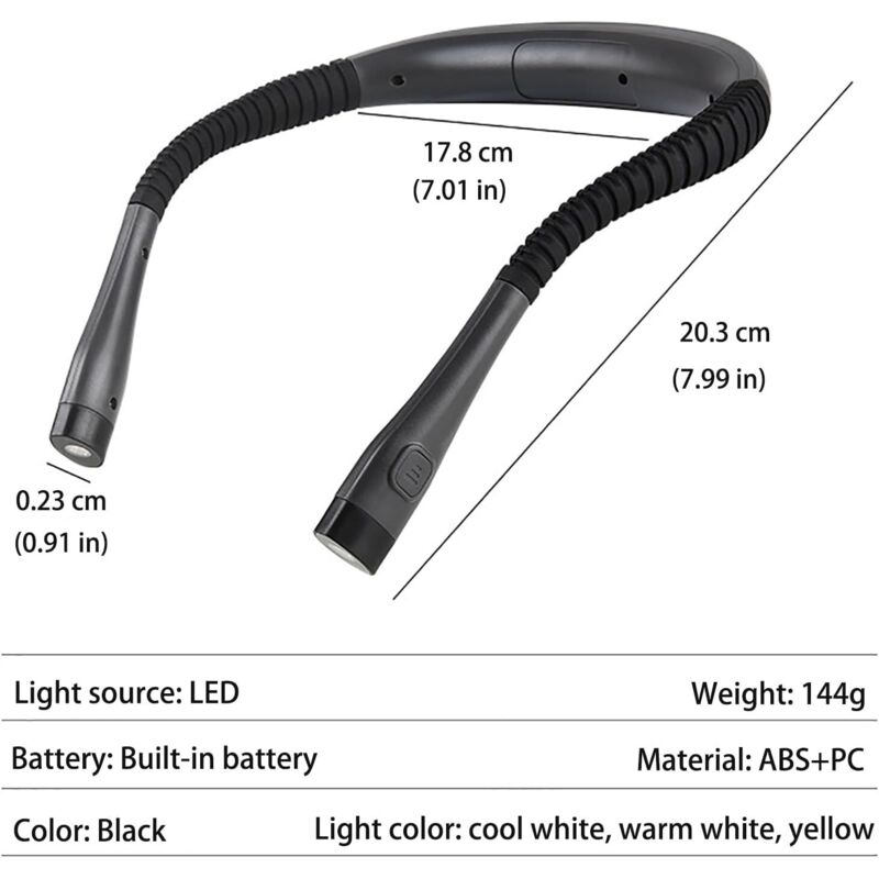 Lampe de lecture LED à tour de cou, idéale pour lire partout, 3 couleurs, 6 niveaux de luminosité, bras pliables, rechargeable - 5