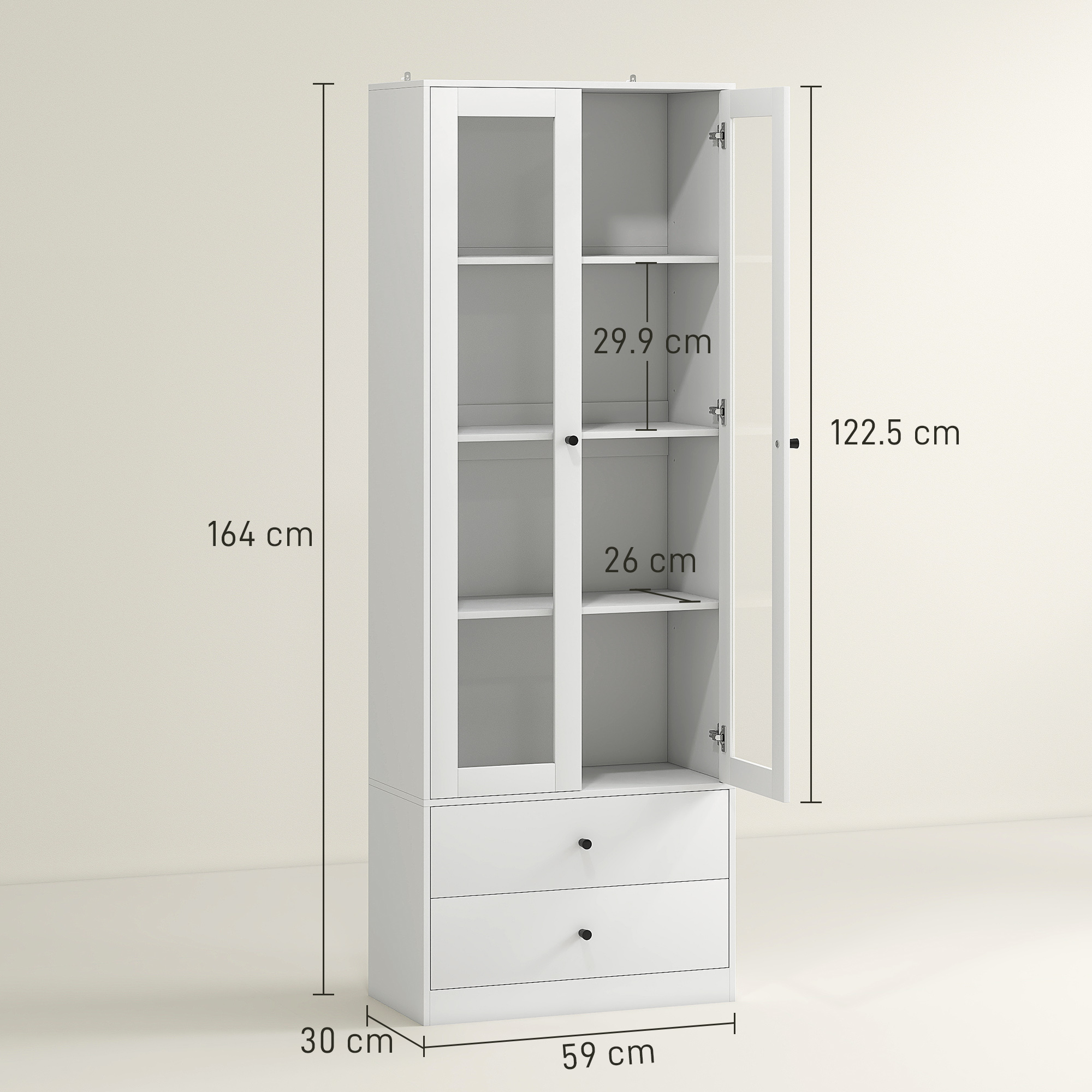 HOMCOM Credenza Cucina con Armadietto e 2 Cassetti, Ante in Vetro e Ripiani Regolabili, 59x30x164 cm, Bianco - 3