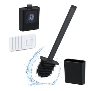 Set Scopino Per WC Con Portascopino A Parete - Spazzola Flessibile, Contenitore Rimovibile, Nero, Senza Foratura