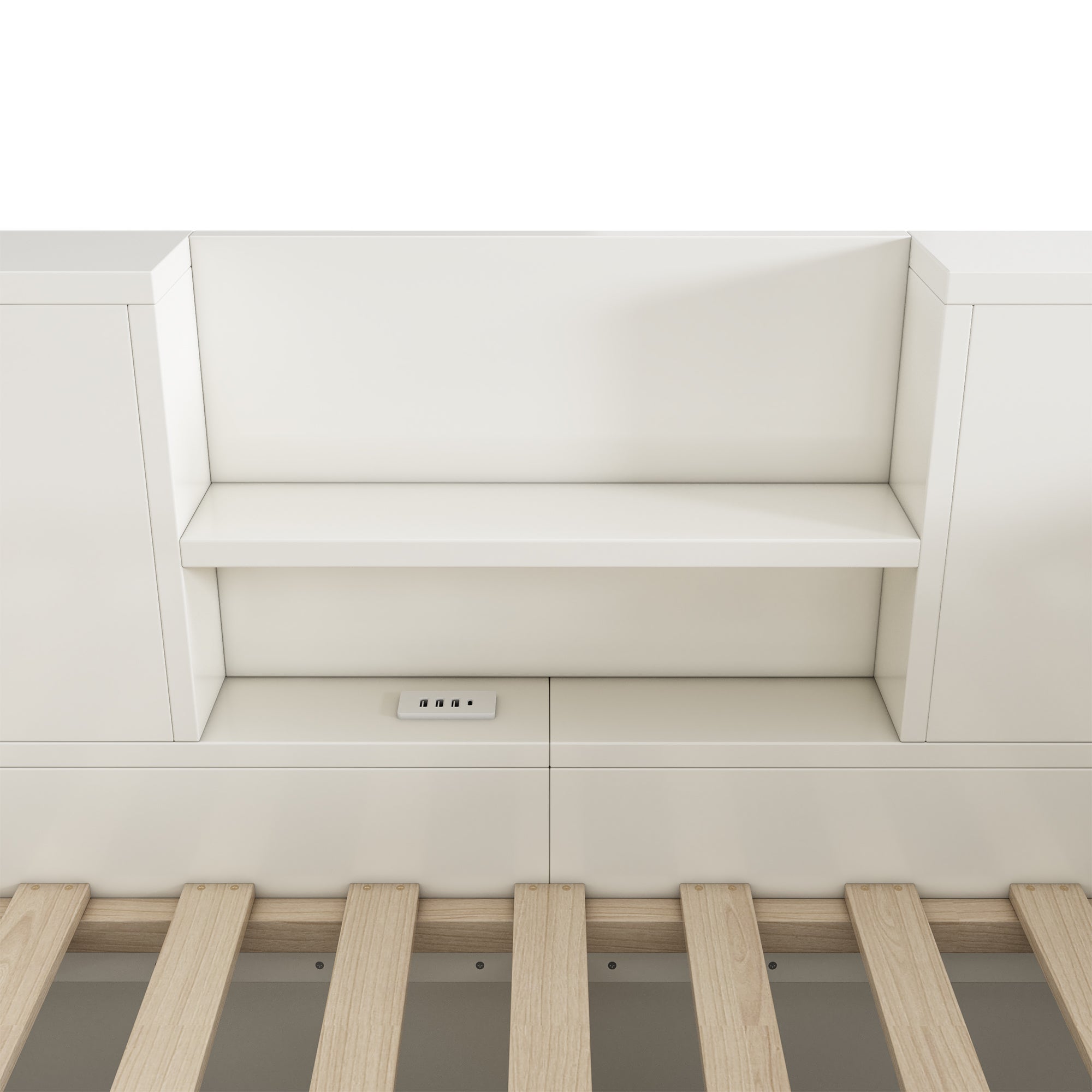 Sofa rozkładana z pojemnikiem 140x190 cm - z USB/typu C - z 2 półkami - płyta MDF + lite drewno - biała (bez materaca) - 9