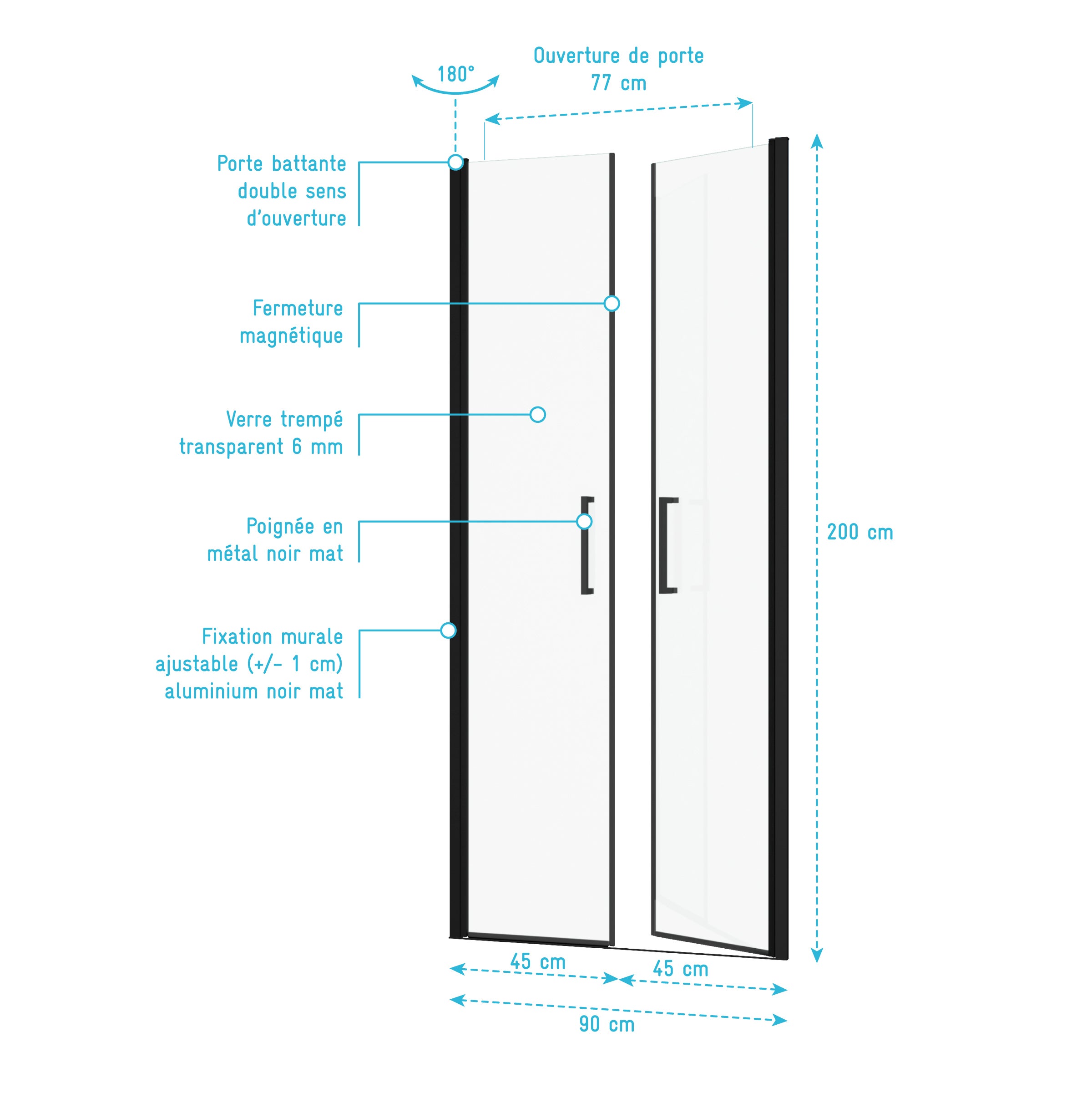 Porte de Douche Double Battant 90x200cm - Verre Trempé Transparent 6mm - Profil Noir Mat - 4