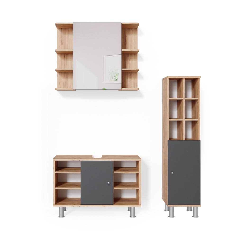 Vicco Zestaw mebli łazienkowych Fynn, Złoty dąb energetyczny, 3 części, z modułem wysokim