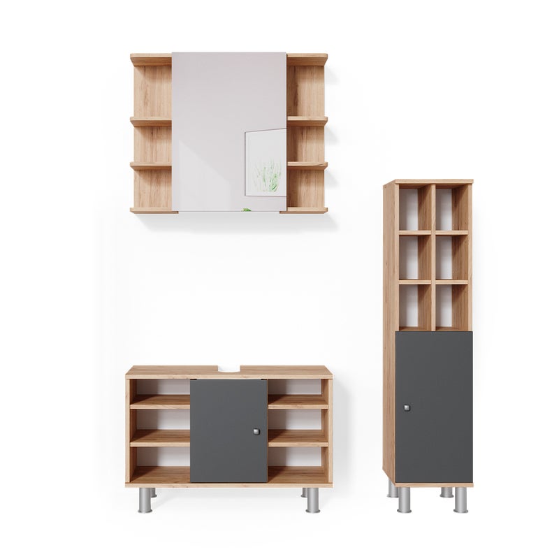 Vicco Zestaw mebli łazienkowych Fynn, Złoty dąb energetyczny, 3 części, z modułem wysokim