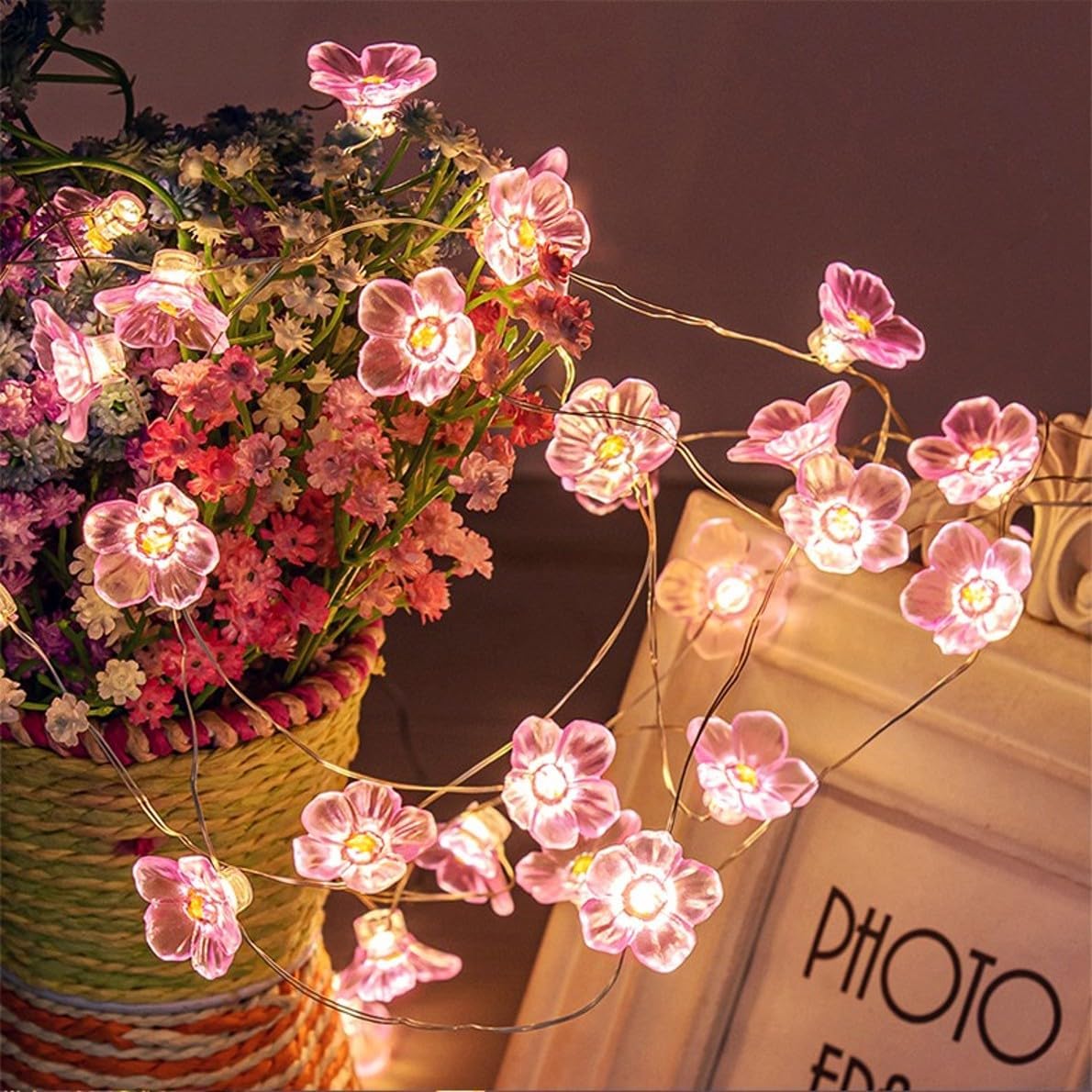 Guirlande lumineuse - 3 mètres, 30 LED - Guirlande lumineuse à fleurs de cerisier roses - Alimentée par piles - Lumière blanche chaude avec flash - 6