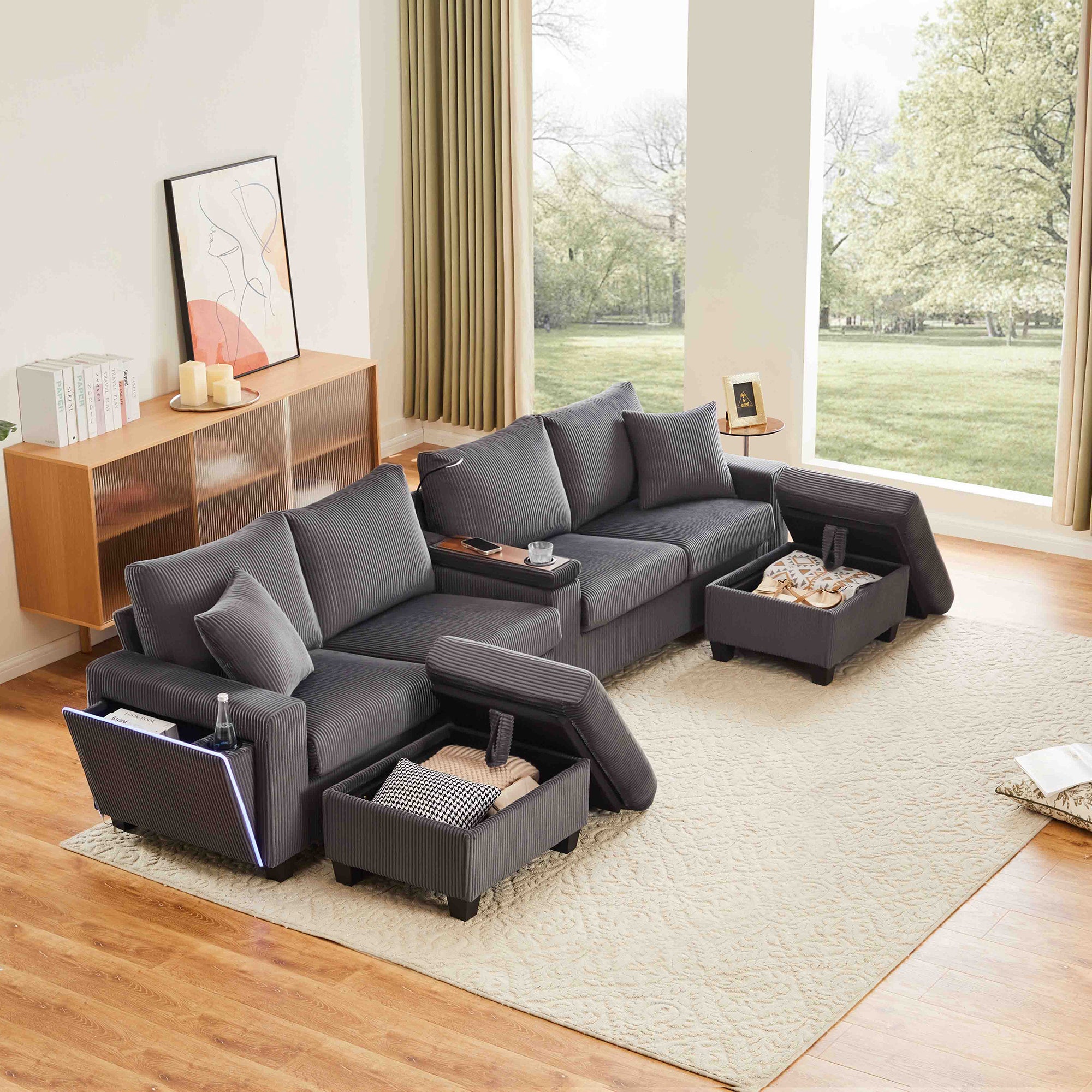 Sofa 4-osobowa z 2 stołkami, lampką do czytania, uchwytem na kubek i portami USB/Type-C - 334 x 128,5 x 81 cm - sztruks - szary