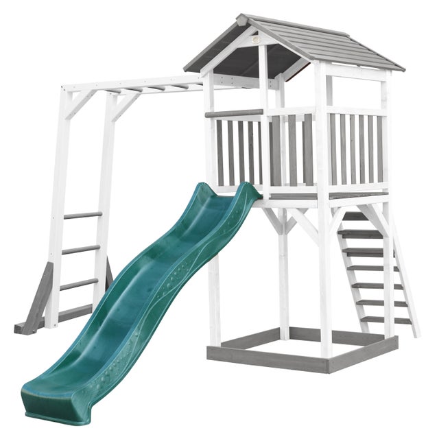 Axi Beach Tower Aire De Jeux Avec Toboggan En Vert, Cadre D'Escalade & Bac À Sable | Grande Maison Enfant Extérieur En Gris & Blanc | Cabane De Jeu En