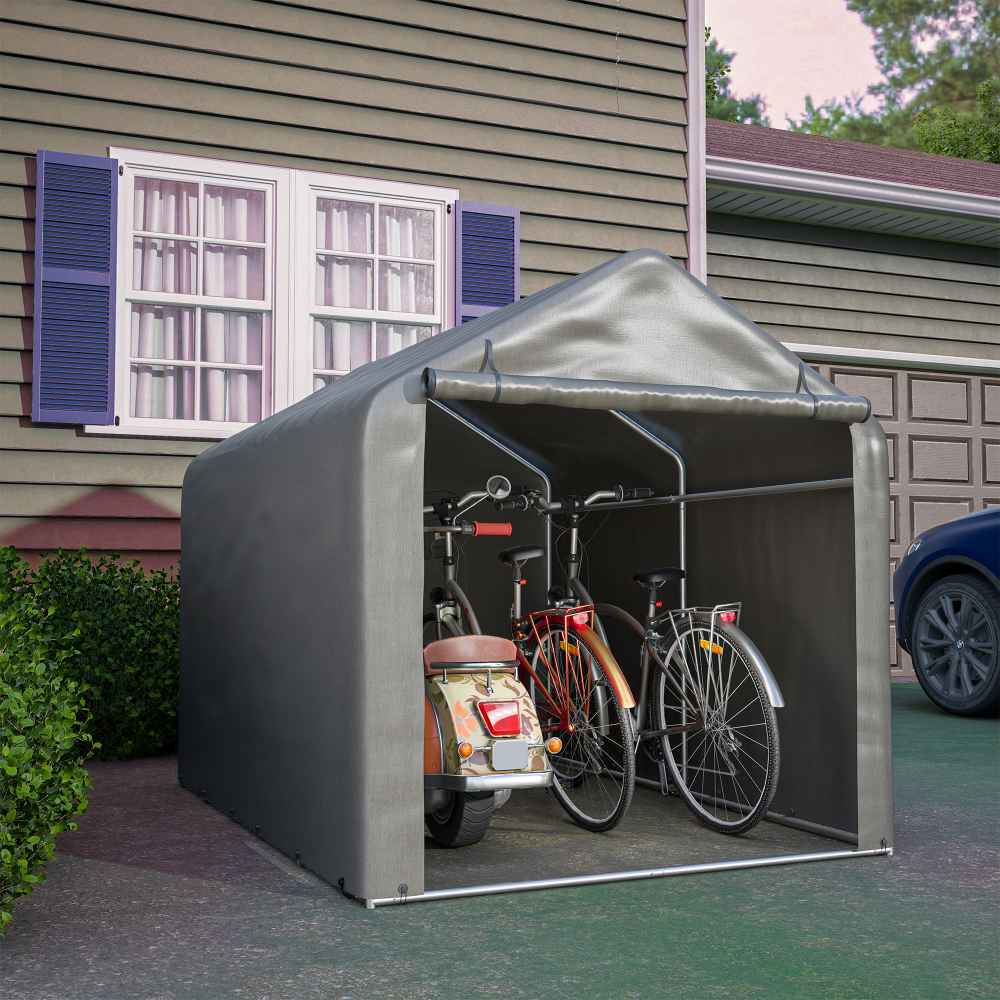 Abri De Jardin Pour Vélos Et Outils Avec Porte Roulante Garage Velo Etanche En Pe Haute Densite Rangement Exterieur Durable 160x220x165 Cm Gris