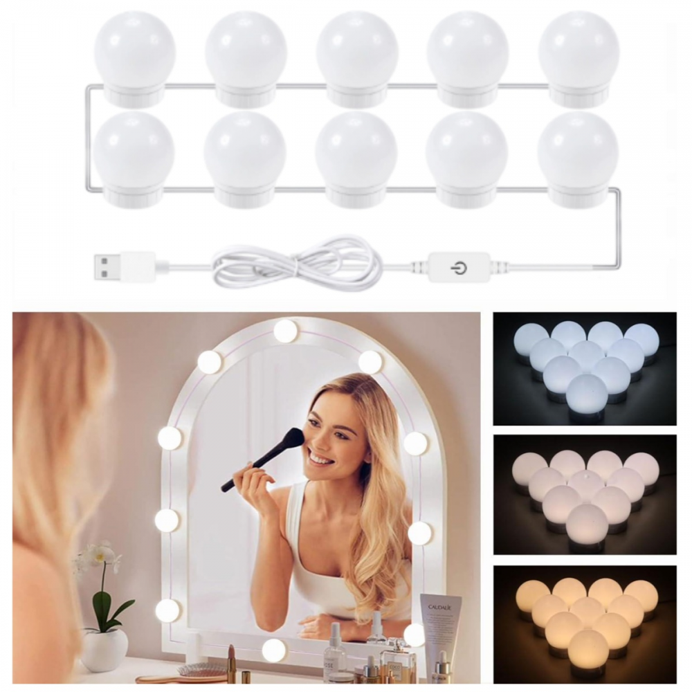 10 Żarówek LED do Lustra, Kabel USB z Regulacją, 3 Barwy i 5 Intensywności, Samoprzylepne Oświetlenie Lustra