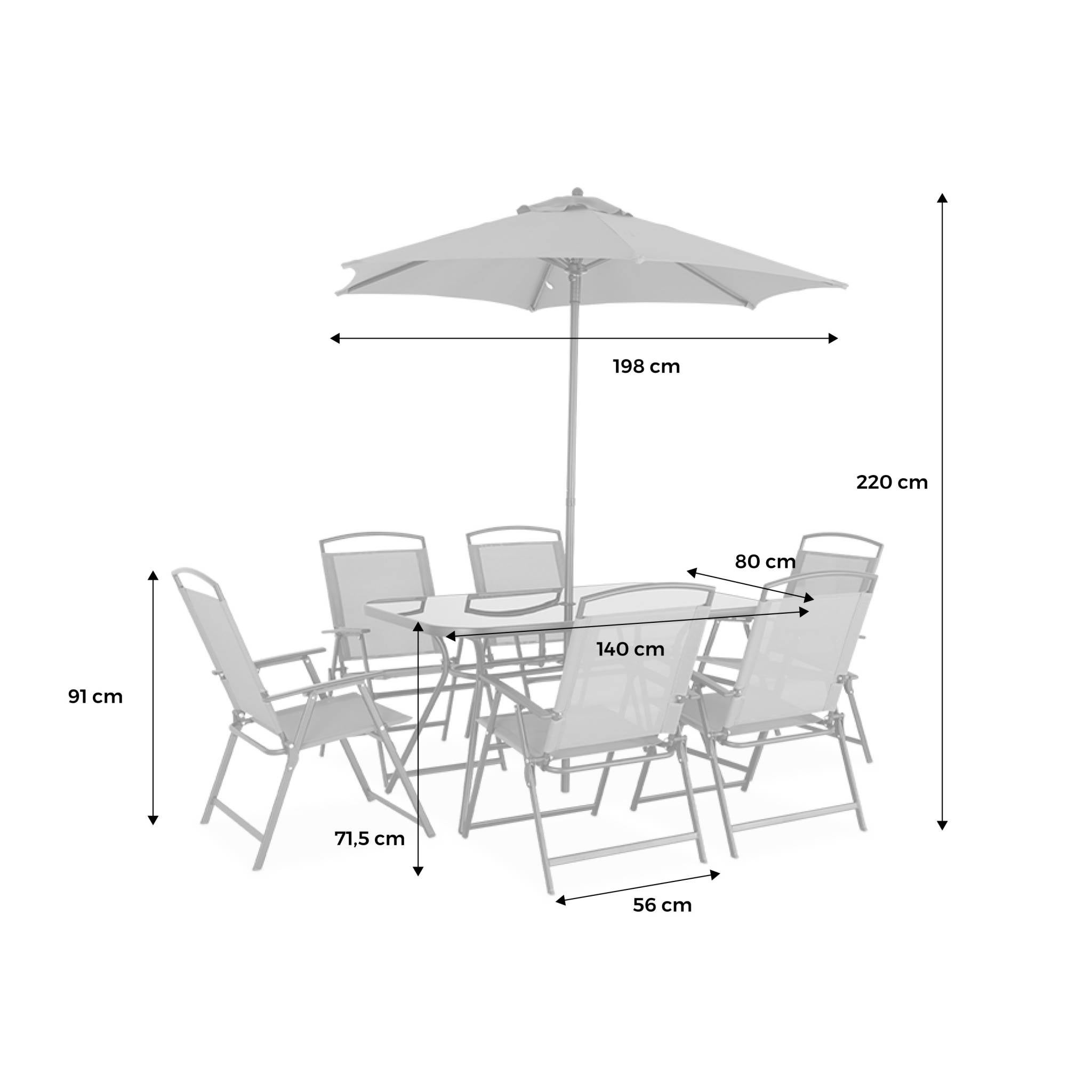 Conjunto mesa de jardín de acero con 6 sillas y 1 sombrilla Gris - 140x80x71.5 cm - 8