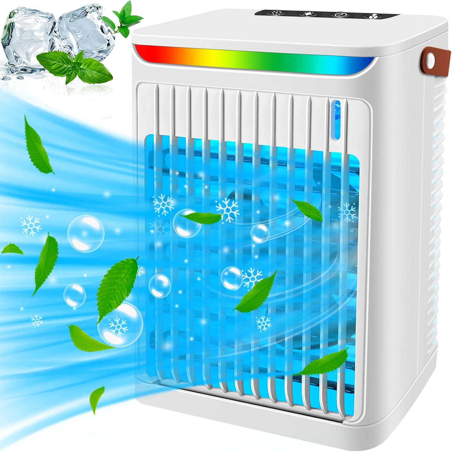 Przenośśny mini klimatyzator z uchwytem, cichy, zasilany przez USB, timer 2/4/6 godzin, 5 prędkości, biały