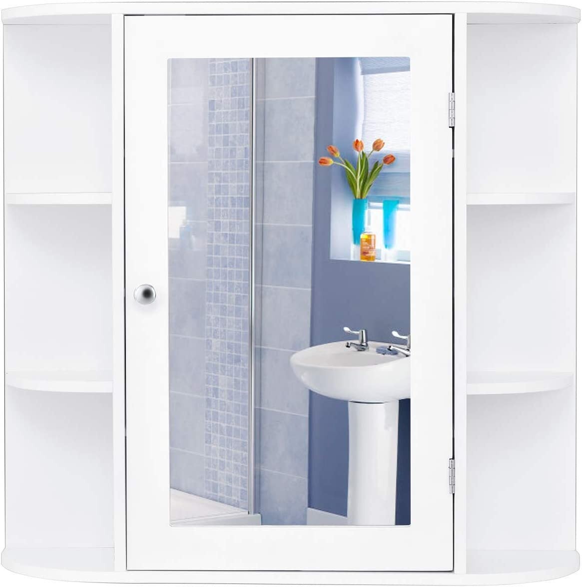 Armario del Baño con Espejo, Armario Montado a la Pared, Armario de Madera Colgado con Repisas Regulables y Compartimientos Abiertos, Botiquín - 4