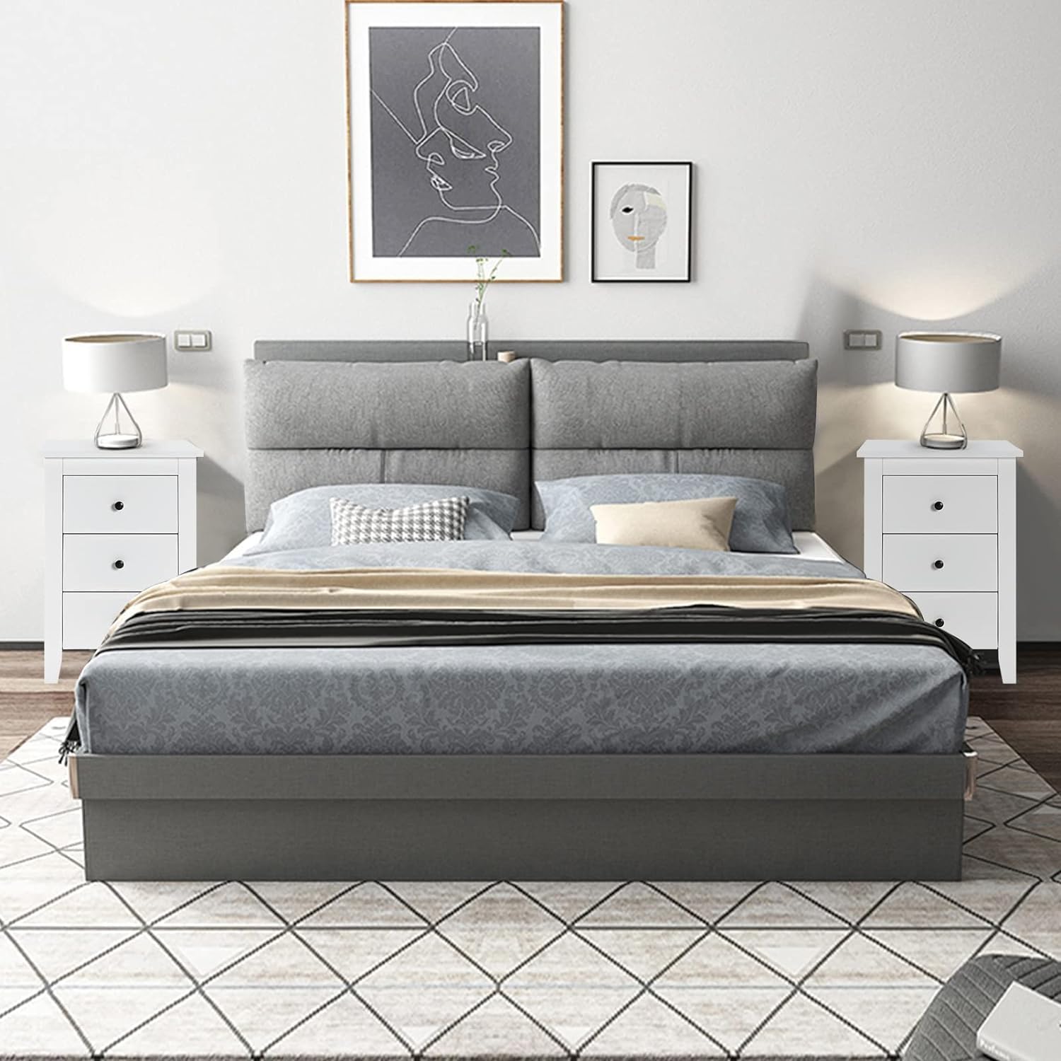 Juego de 2 Mesitas de Noche de Madera, Mesa de Noche con 3 Cajones de Almacenamiento Espaciosos, Mueble de Almacenamiento Moderno para Dormitorio - 2