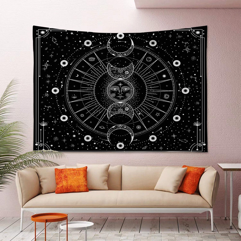 Gobelin ścienny słońce i księżyc (230x150cm) - Psychodeliczna dekoracja - Abstrakcyjny gobelin ścienny - Niebiańska astrologia do sypialni