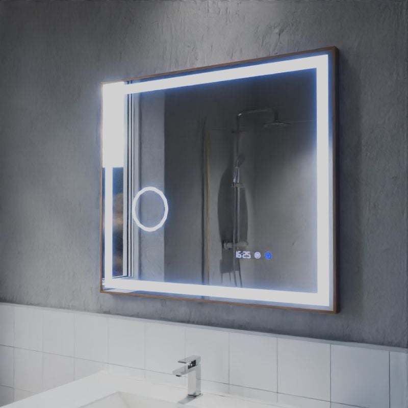 Miroir LED cadre doré cuivré CARA 80 cm x 70 cm - antibuée, horloge et loupe - 2