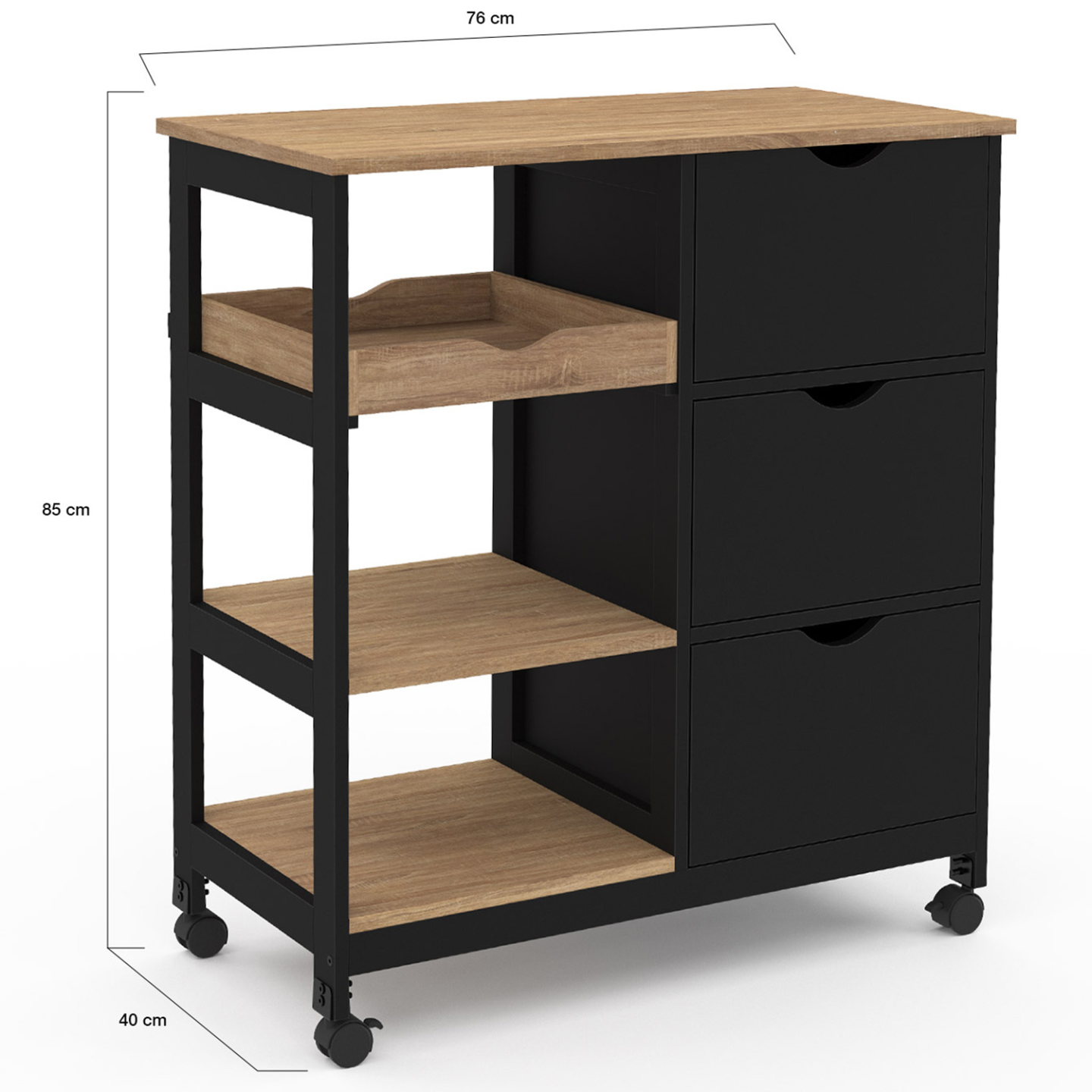 Desserte de cuisine MUNA 3 paniers + 1 plateau amovible noir et effet hêtre L.76 cm - 5