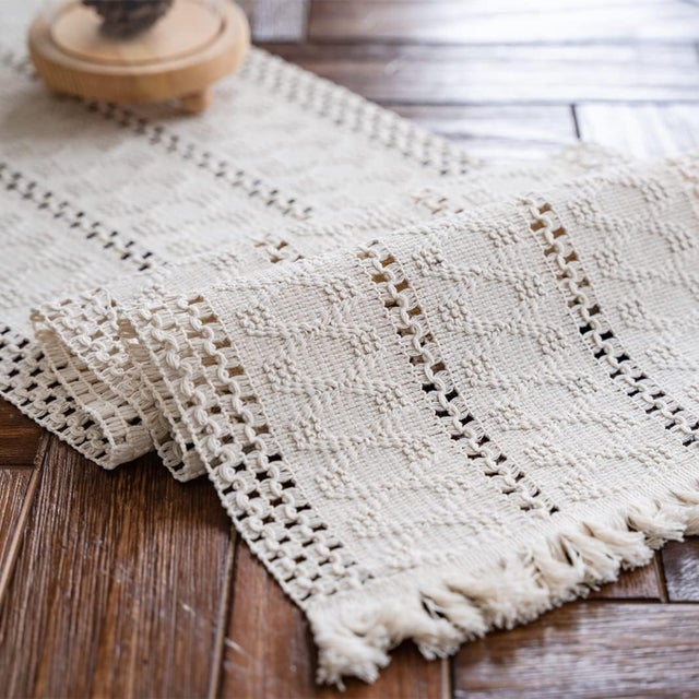 Bieżnik makramowy w stylu boho w kolorze beżowym z frędzlami, ręcznie tkany bawełniany bieżnik, bieżnik w stylu rustykalnym, 30 x 180 cm