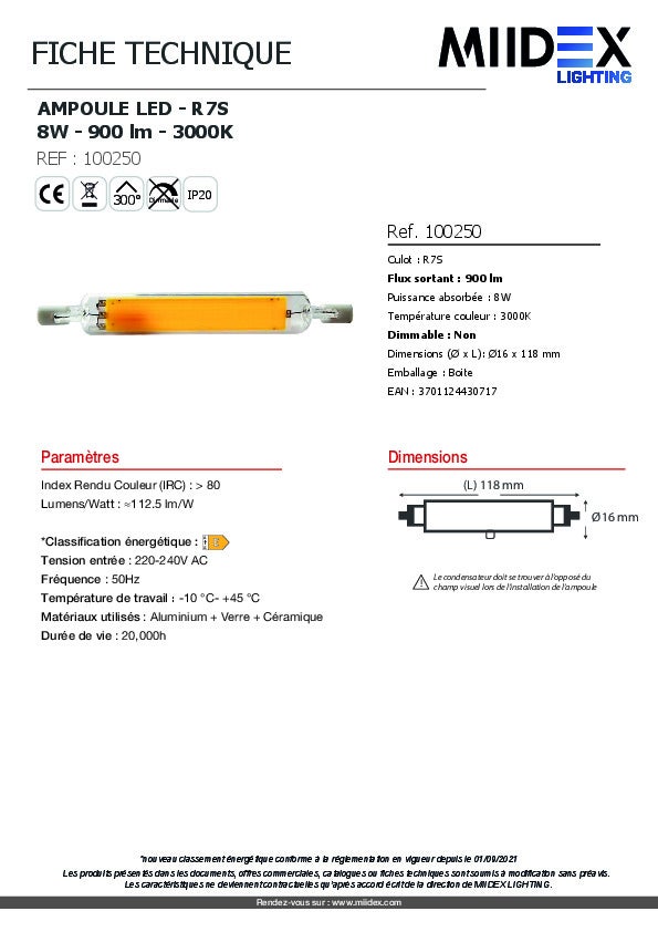 Ampoule LED R7S 118mm - Filament 8W - Blanc chaud 3000K - 900lm - 7