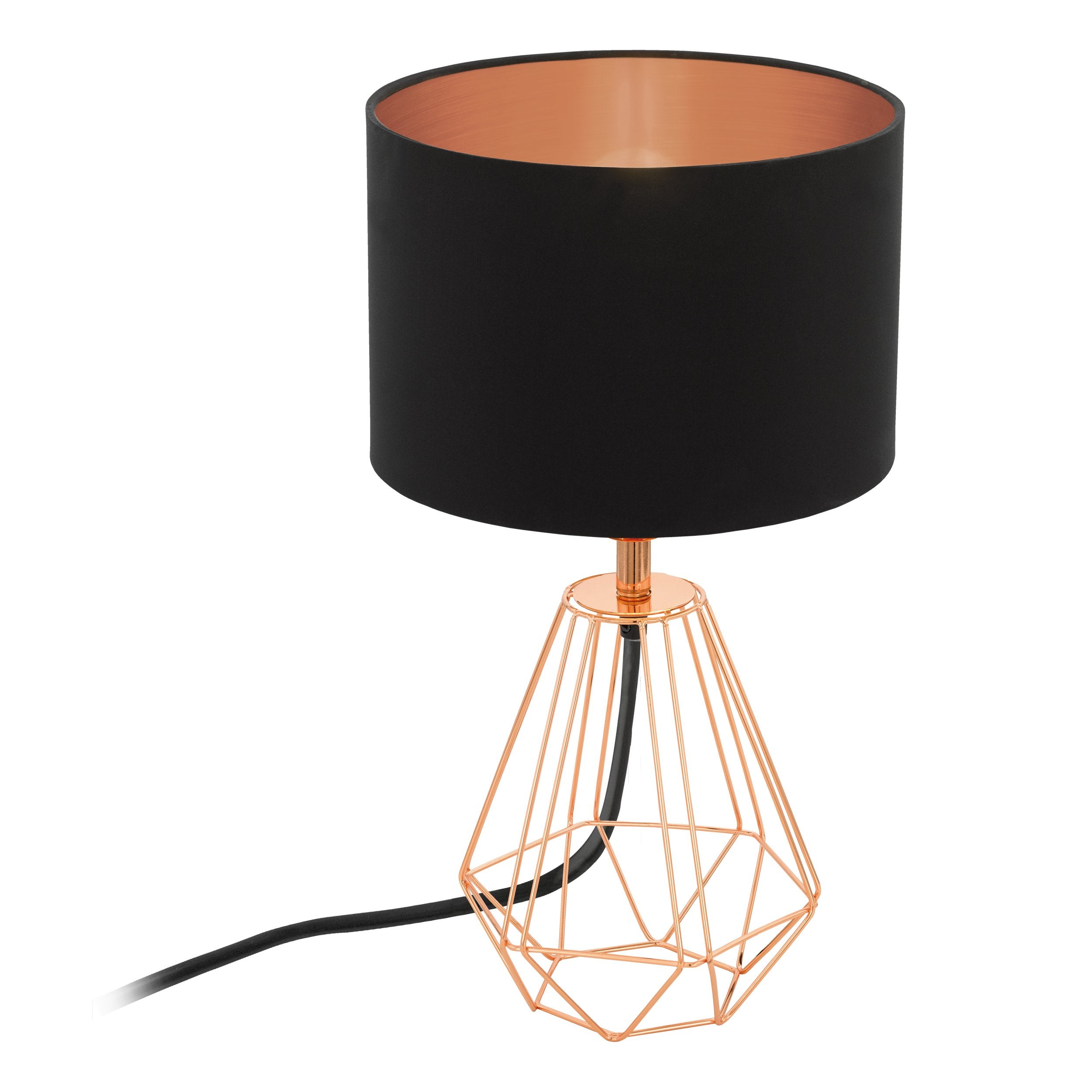 Eglo lampada da tavolo Carlton 2, lampada da tavolo vintage a uno punto luce, lampada da comodino in acciaio e tessuto, rame, nero, presa E14, interru