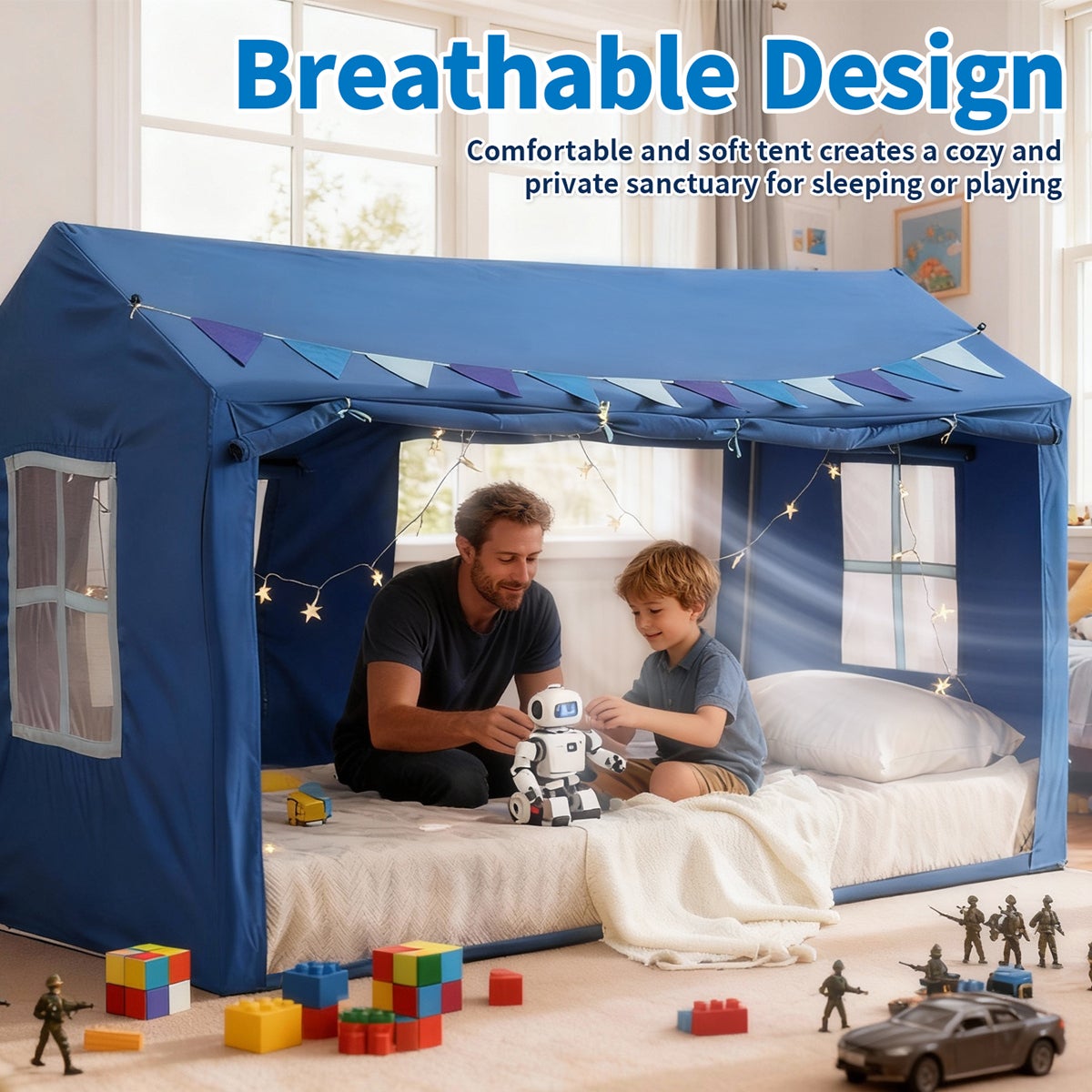 Tente pour lit enfant, cabane princesse avec lumières étoilées, espace privé respirant, tente lecture pour garçons et filles, bleu - 8