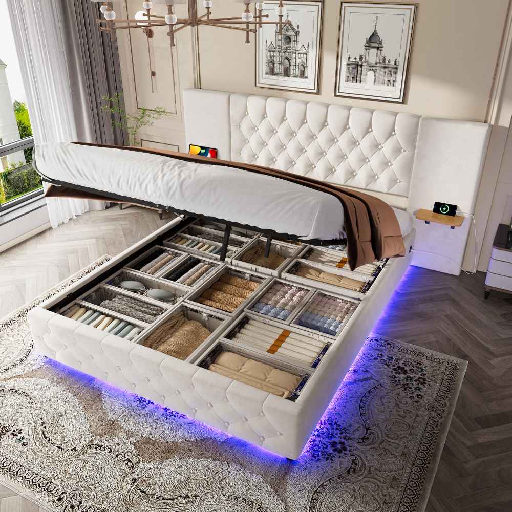 Łóżko 160x200cm z szerokim zagłówkiem, oświetleniem LED, portami USB, systemem hydraulicznym i dużą ilością miejsca do przechowywania