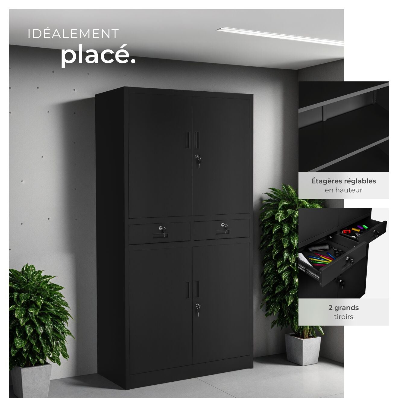 Armoire de classement en métal, compartiments avec étagères réglables, portes renforcées, verrouillable, noir TECTAKE - 4