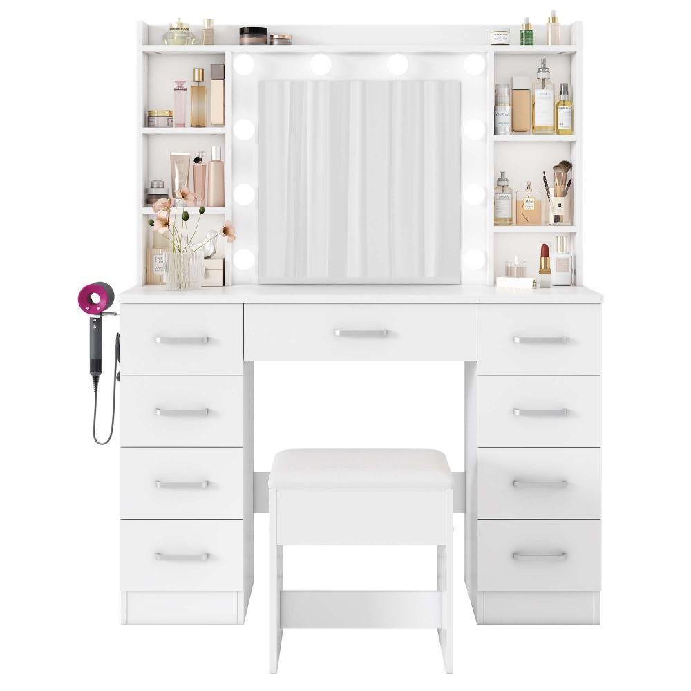 Coiffeuse Blanche 110×40×145 cm avec Miroir LED 10 Lumières, USB, Sgabello et Support Sèche-Cheveux - 7