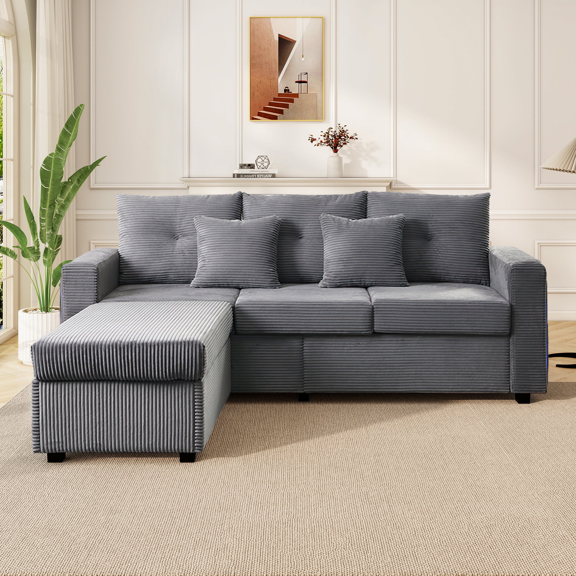 Canapé 3 places avec pouf amovible - 184 x 84.5 x 85.5 cm - Tissu en velours côtelé - LEDs - Gris antique - 3